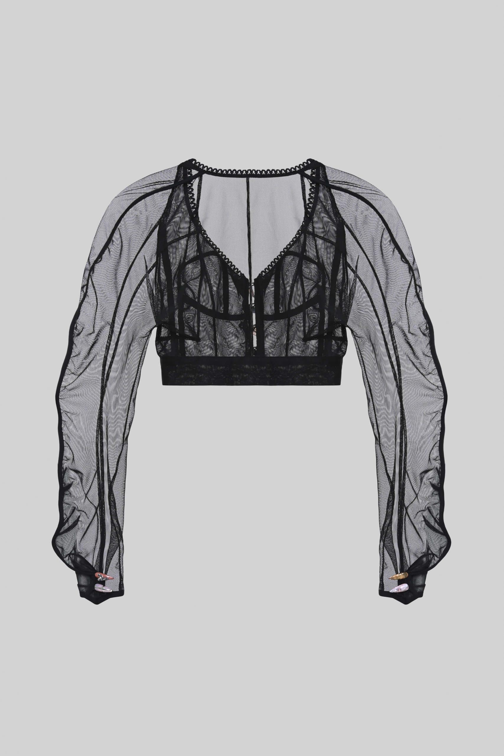 Sheer black bustier blouse with nail buttons