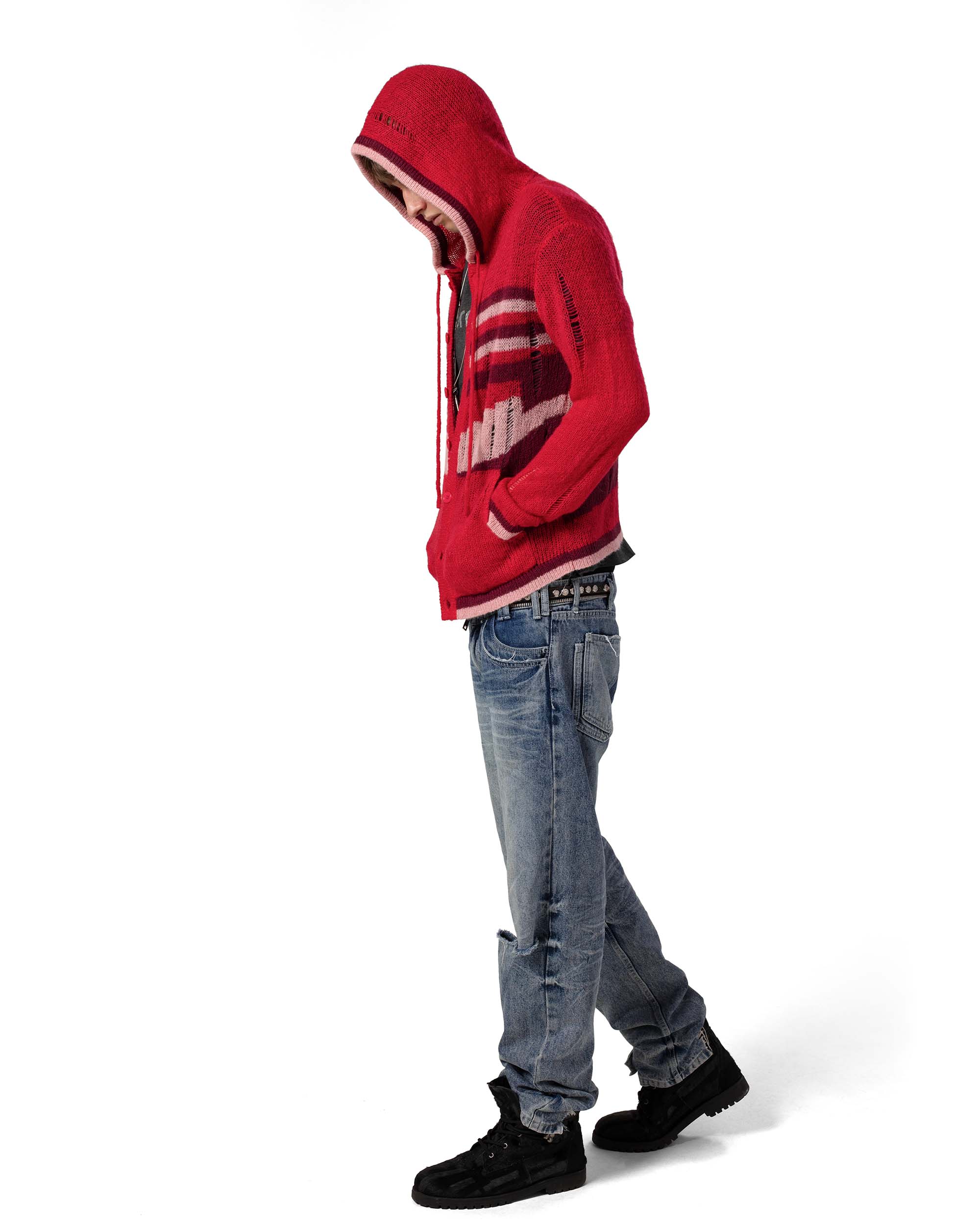 Red hooded cardigan