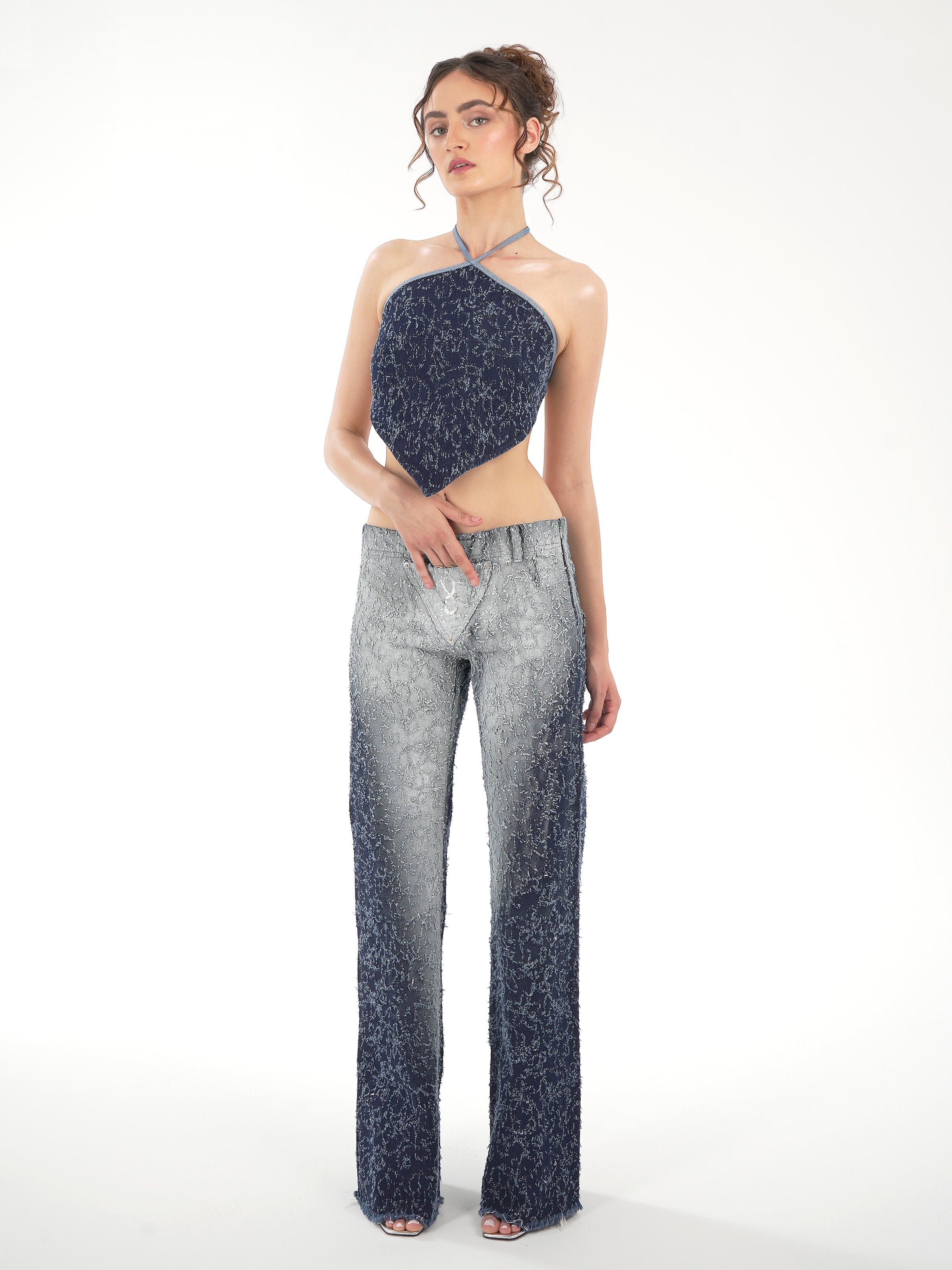 Frayed denim halter top