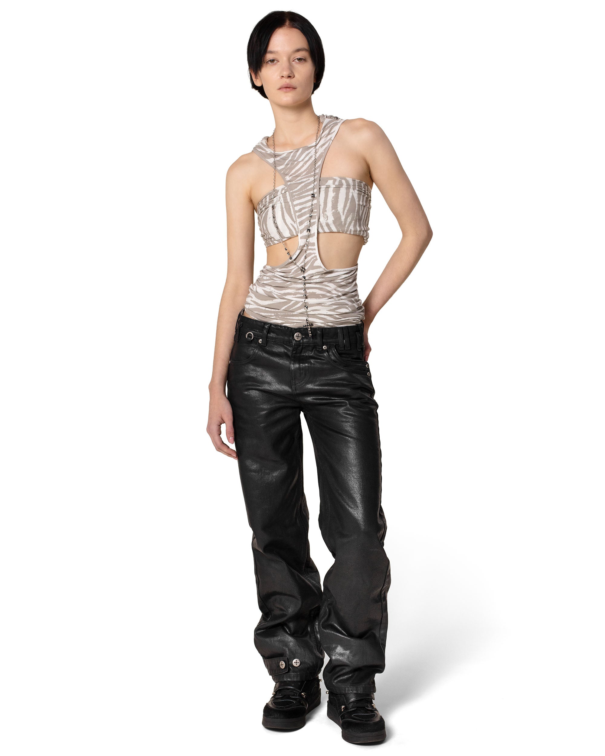 Coated slim low-waist denim