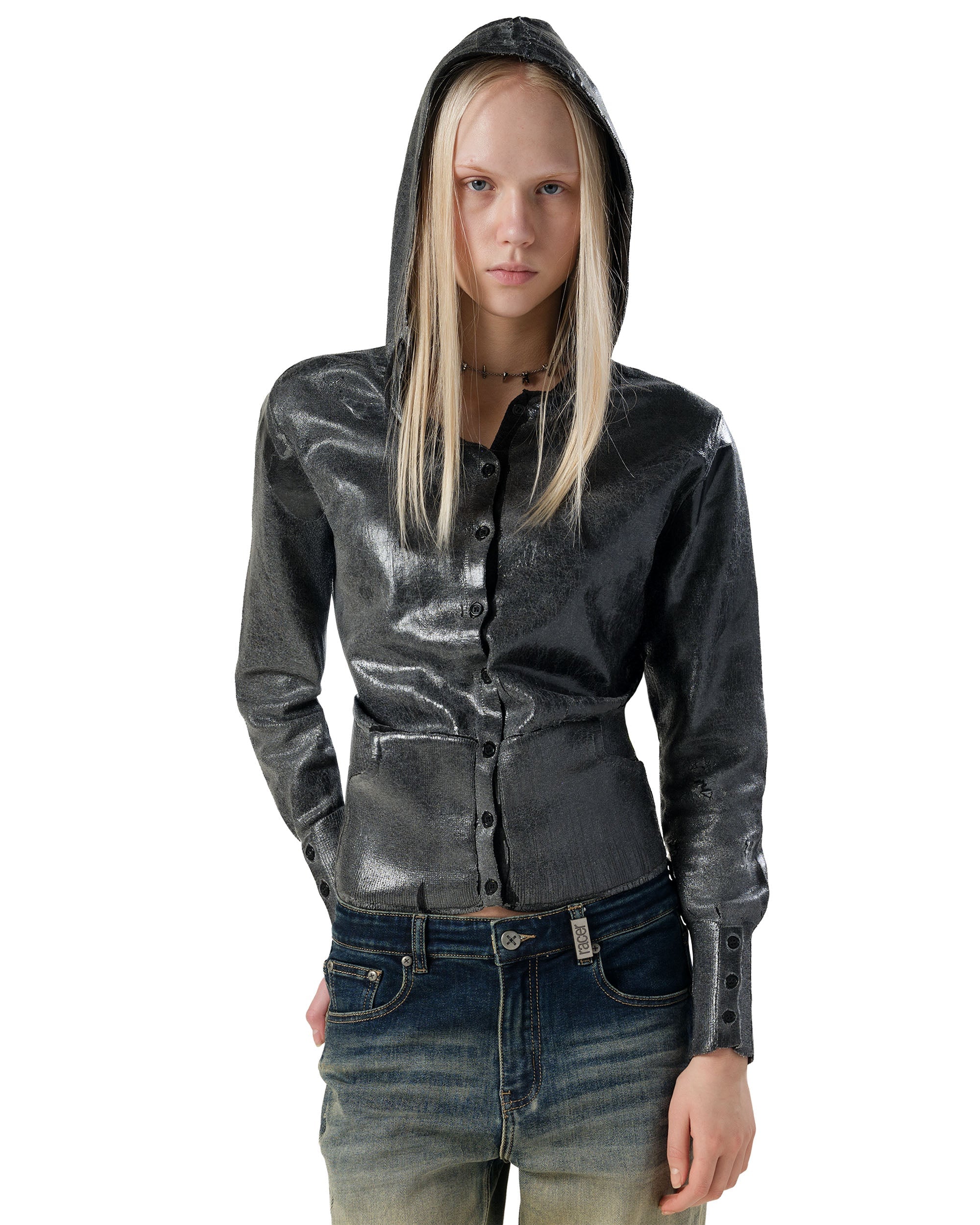 Coated fitted knit hoodie