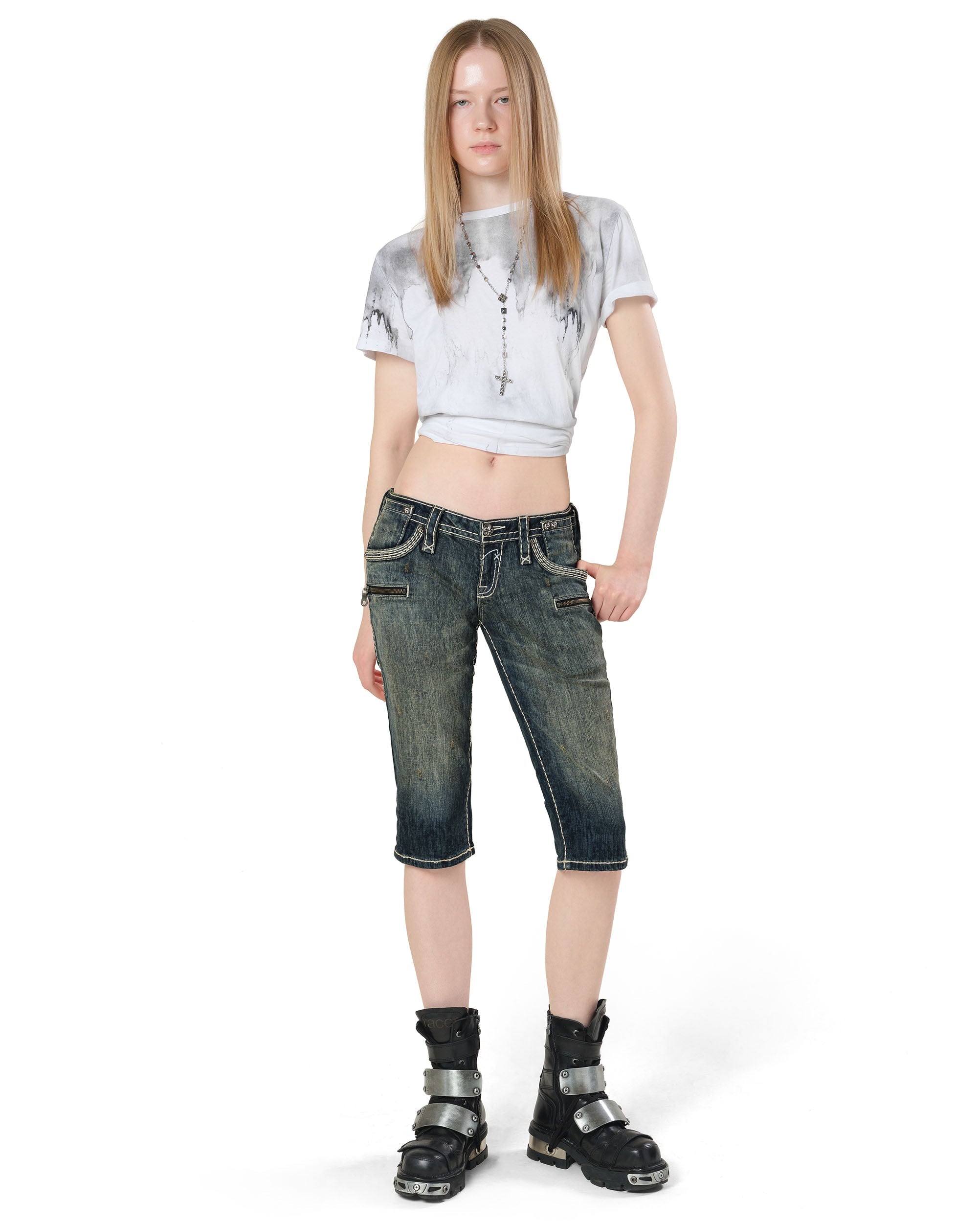 Rock revival white stitch capri