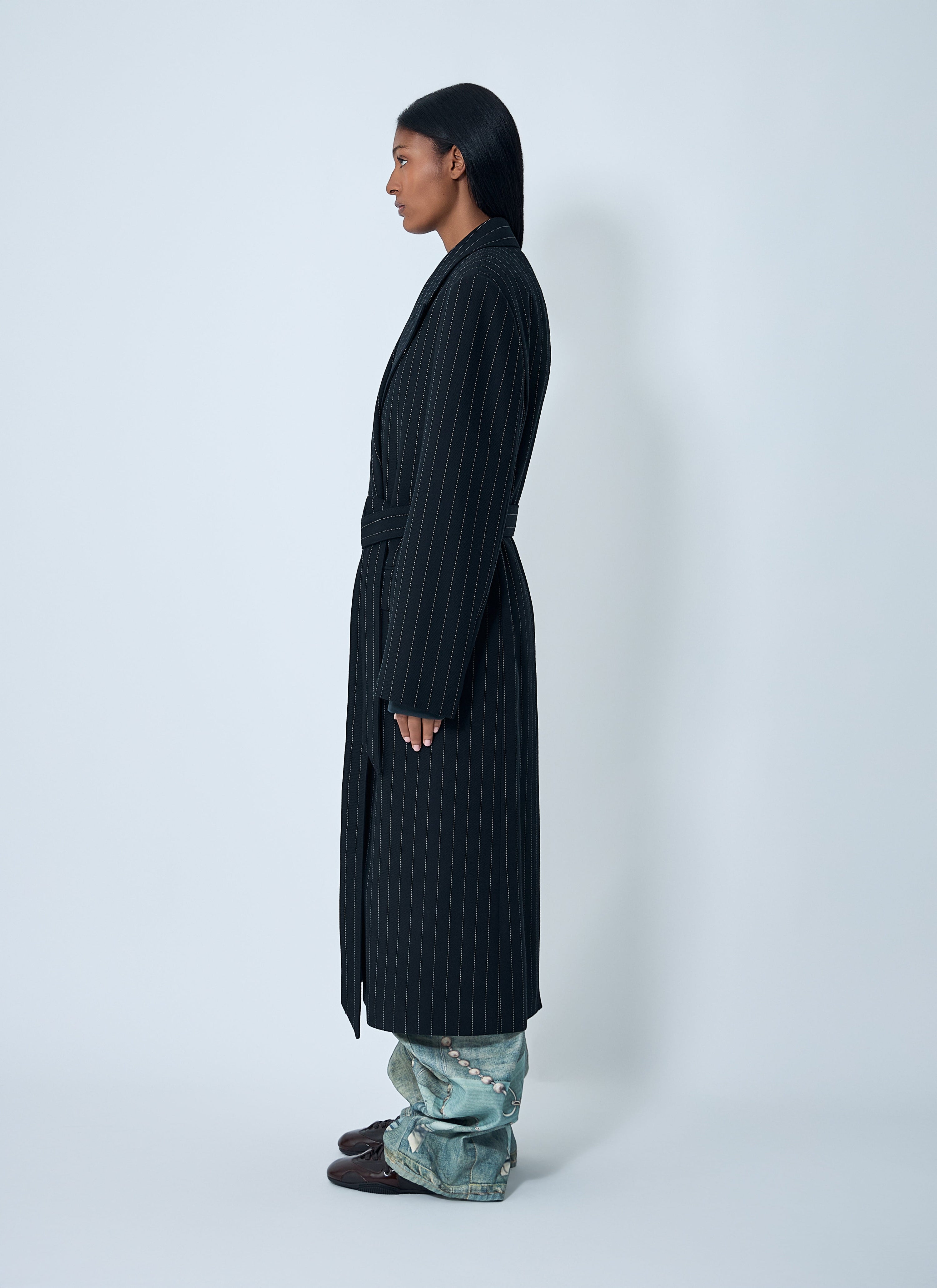 Belted pinstripe coat