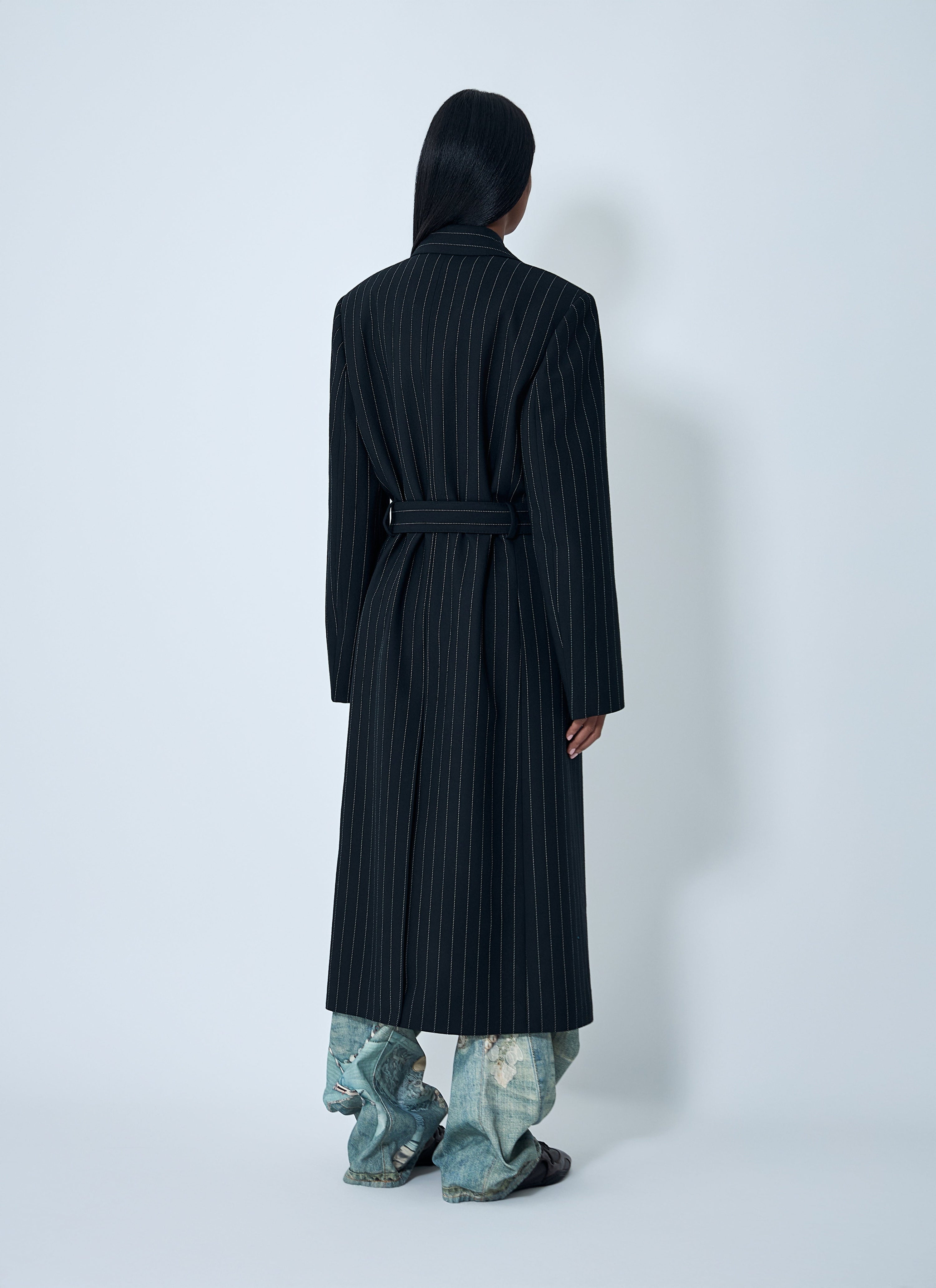 Belted pinstripe coat