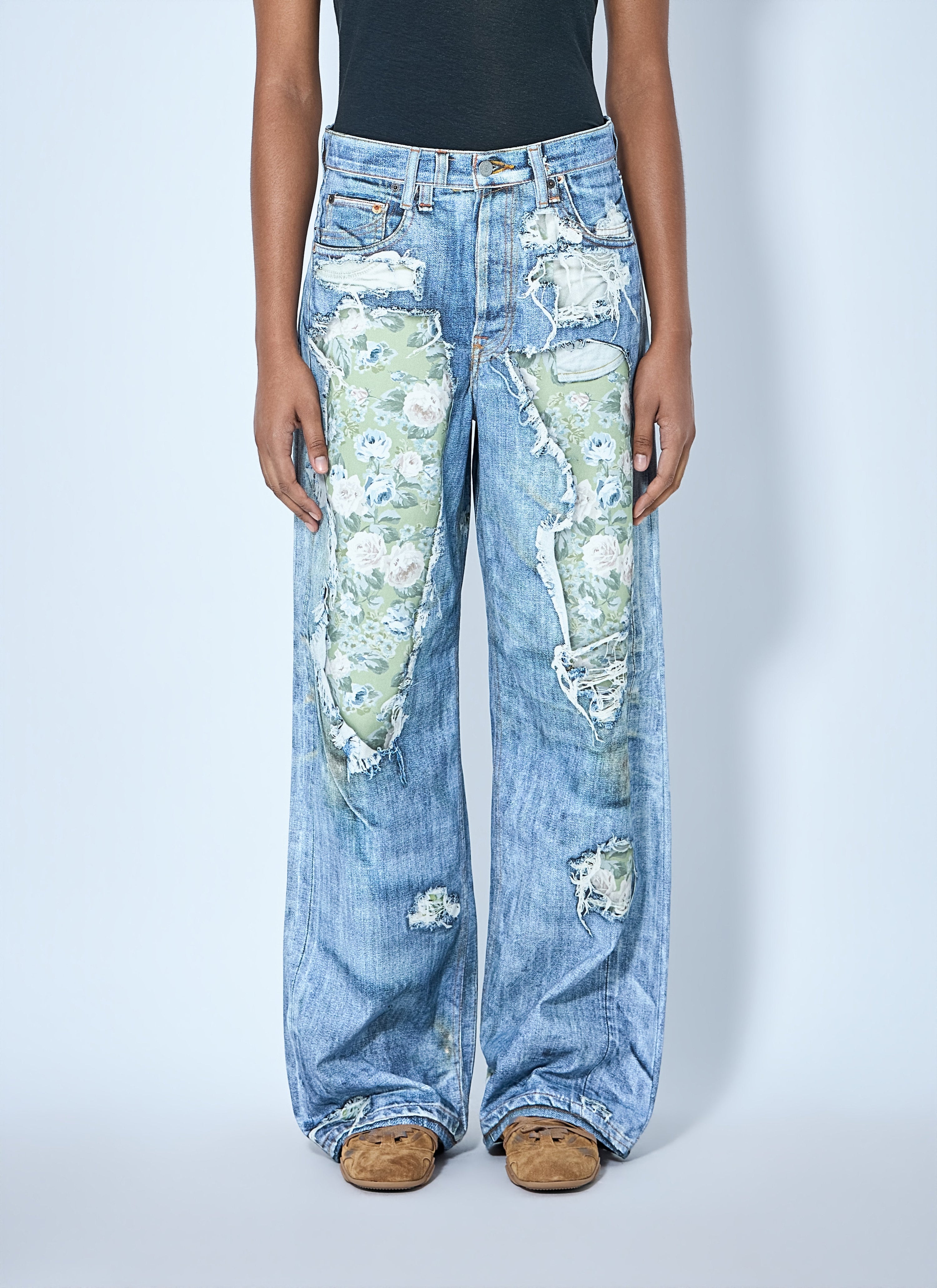 Distressed floral patchwork jeans