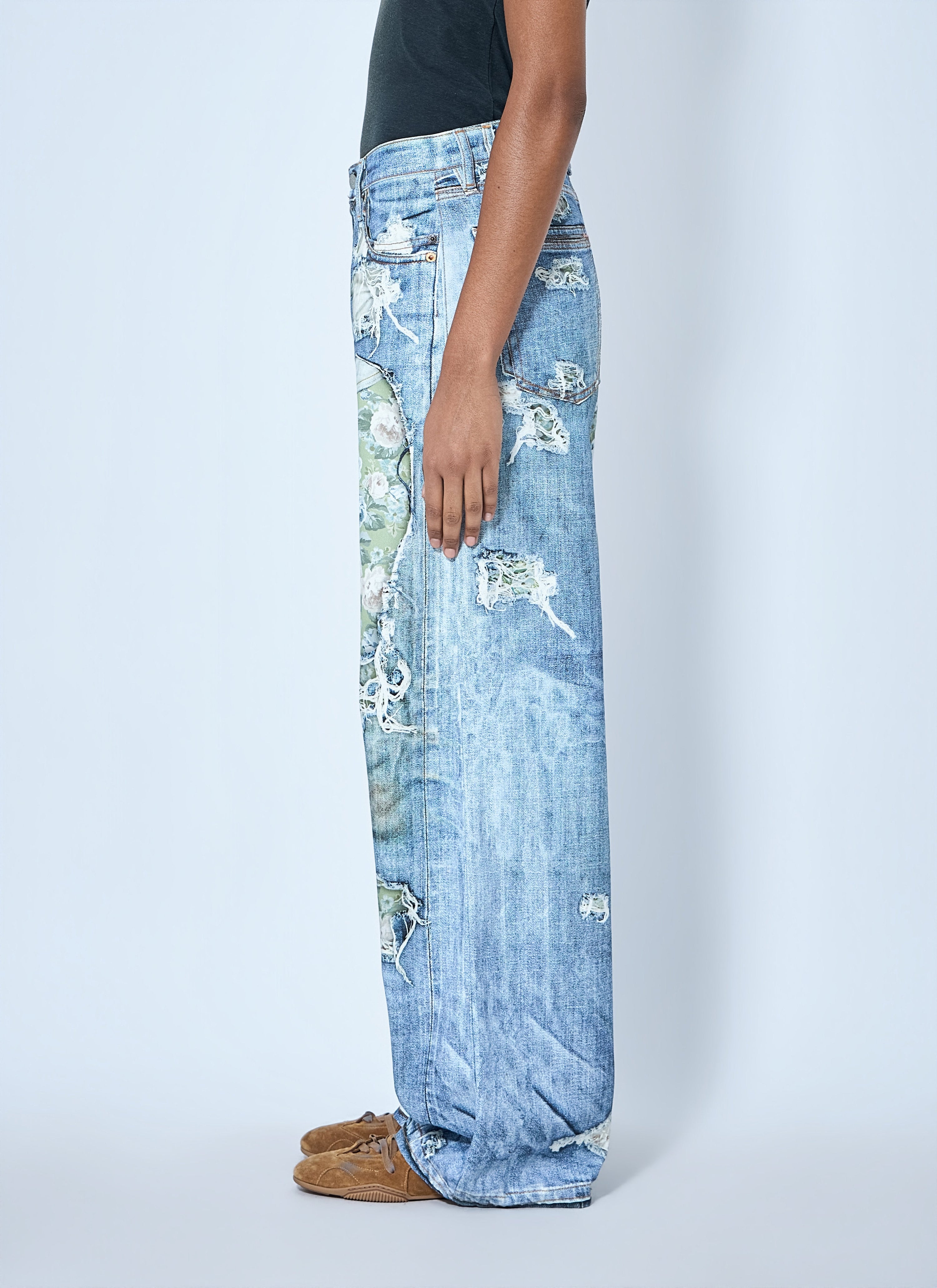 Distressed floral patchwork jeans