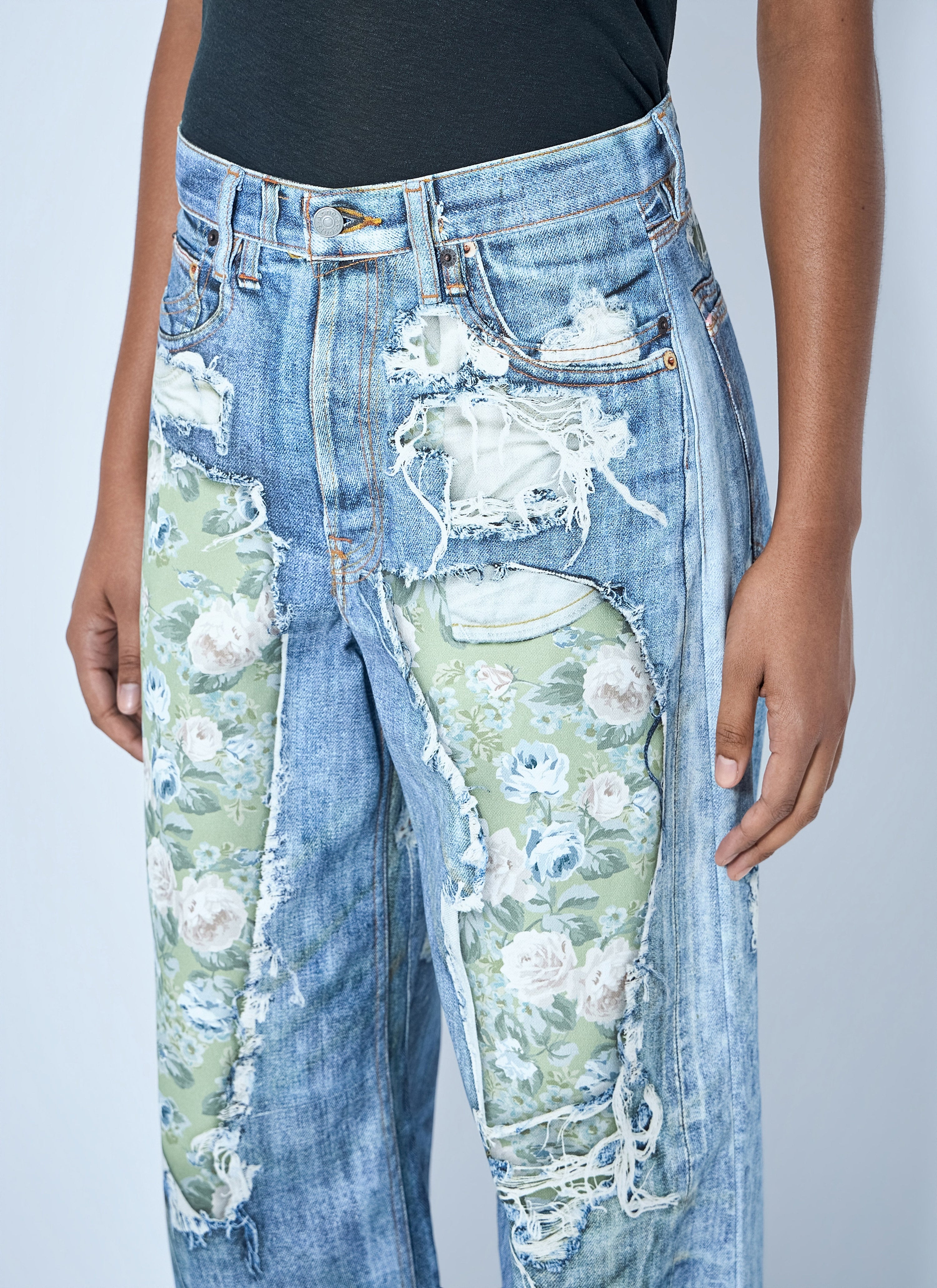 Distressed floral patchwork jeans