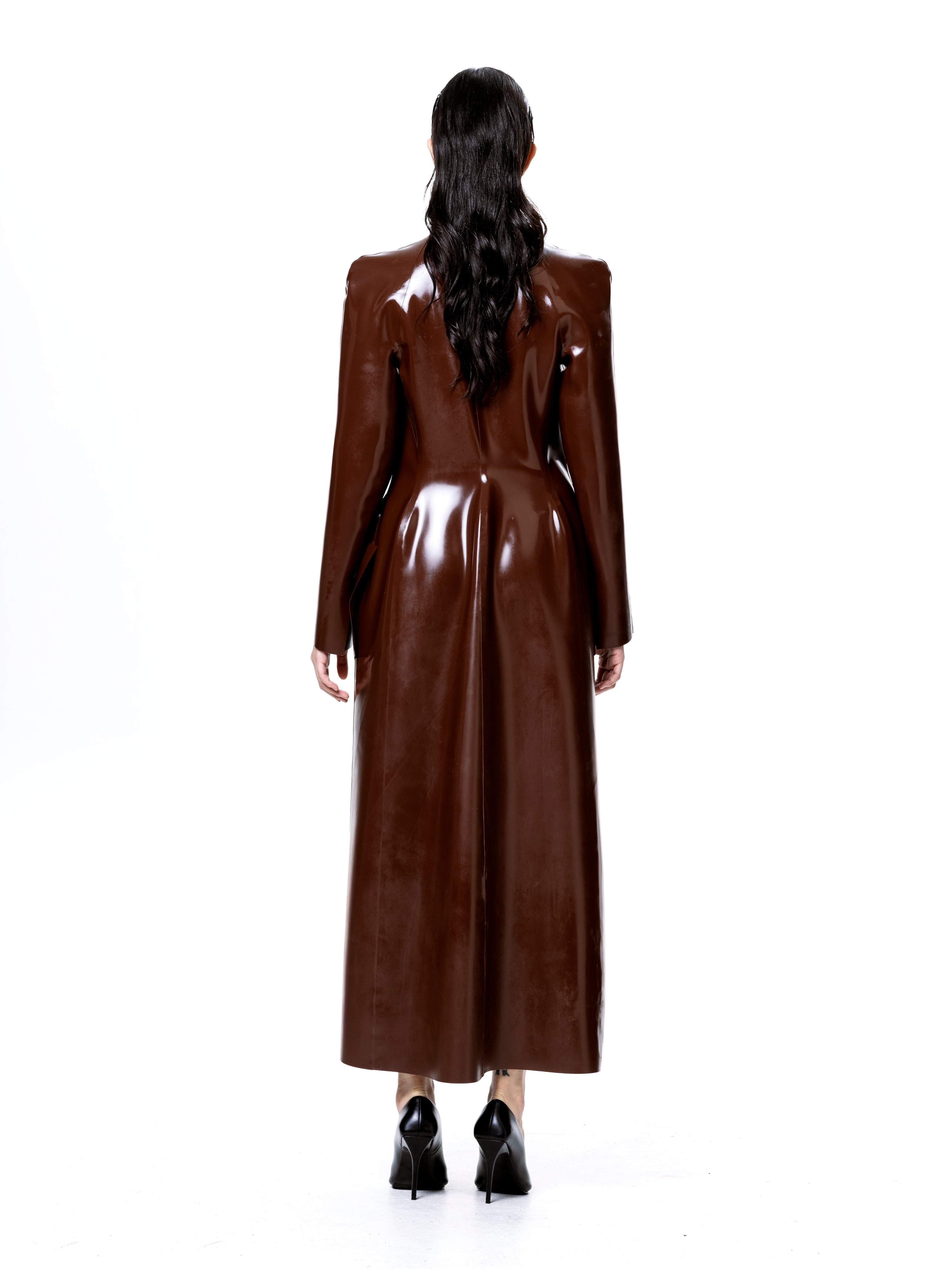 Brown latex long coat | harri exclusive