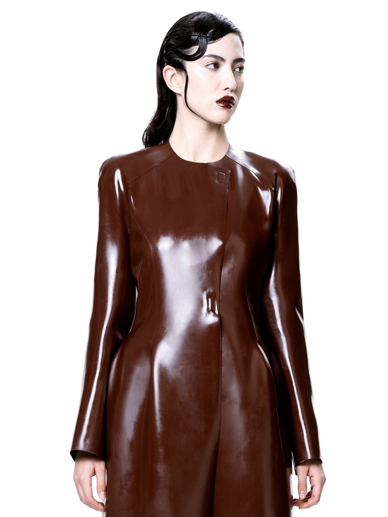 Brown latex long coat | harri exclusive