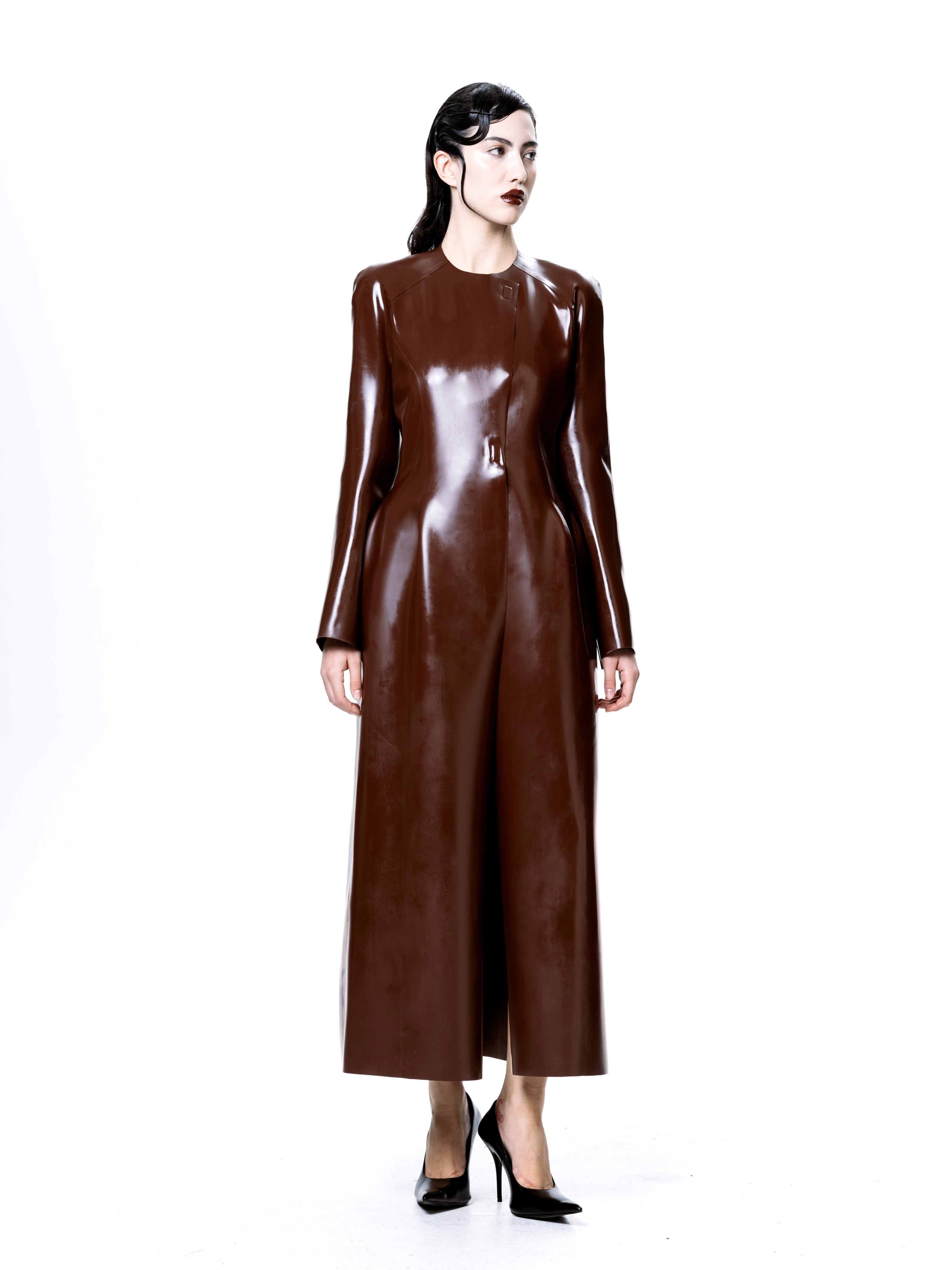 Brown latex long coat | harri exclusive