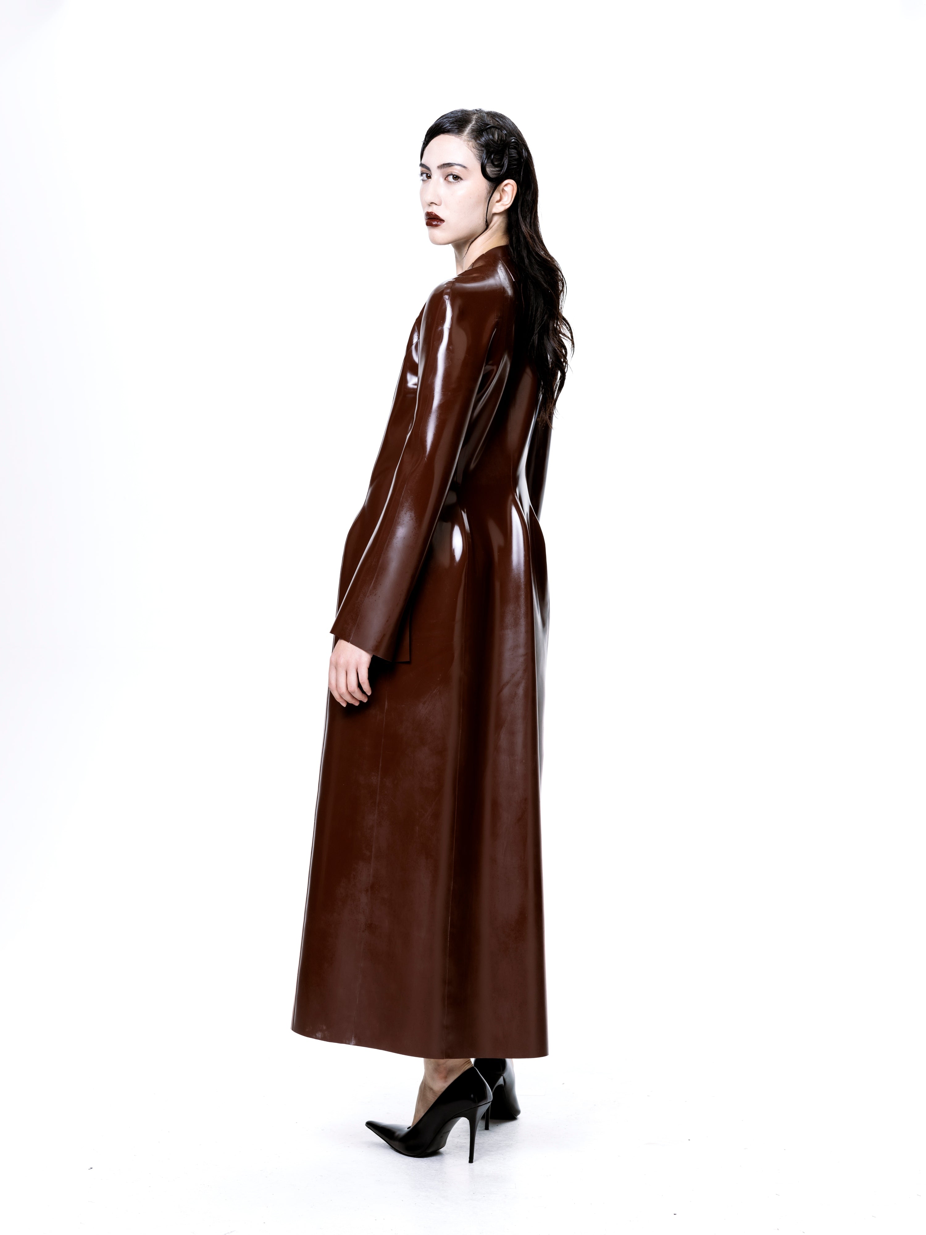 Brown latex long coat | harri exclusive