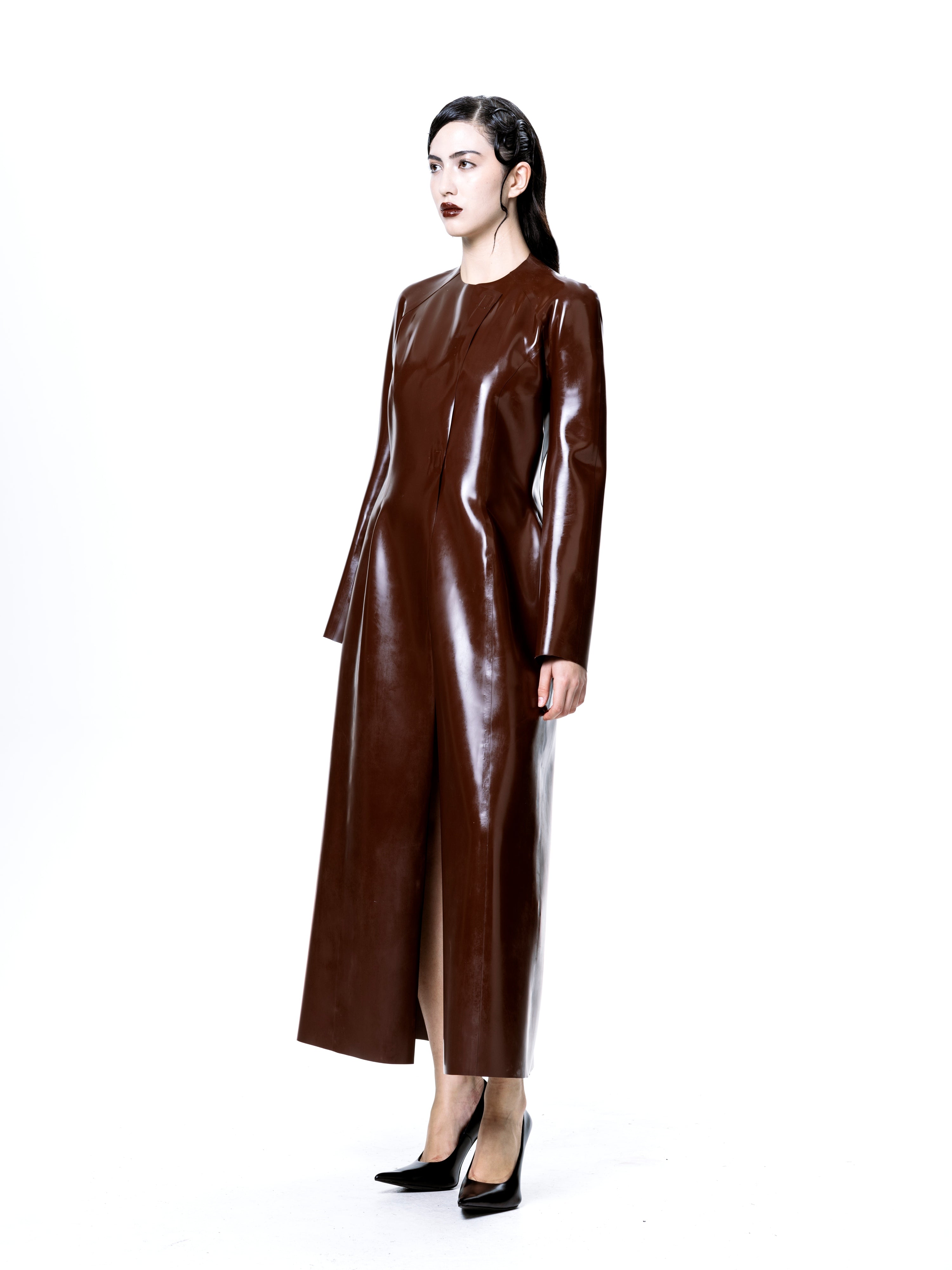 Brown latex long coat | harri exclusive