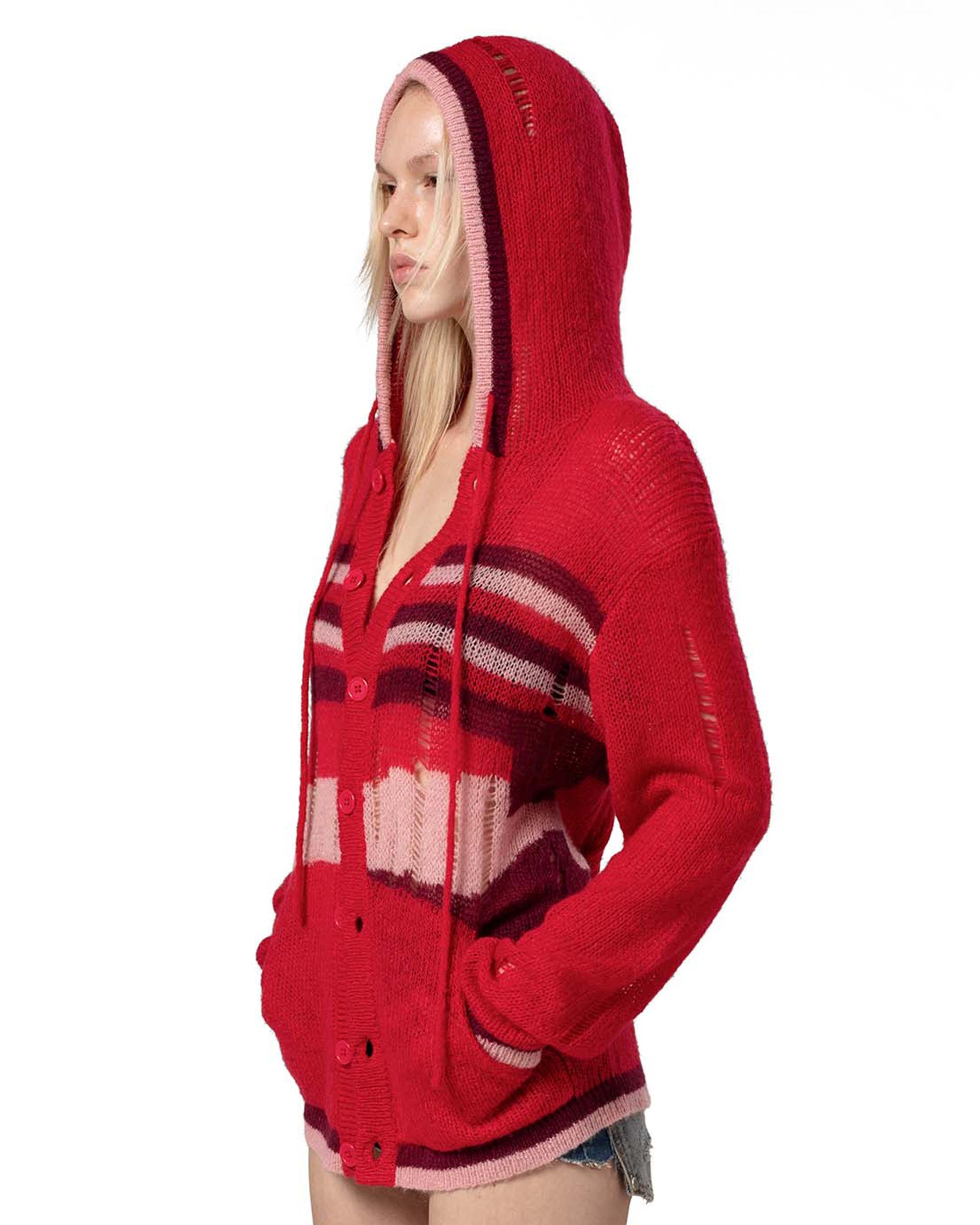 Red hooded cardigan