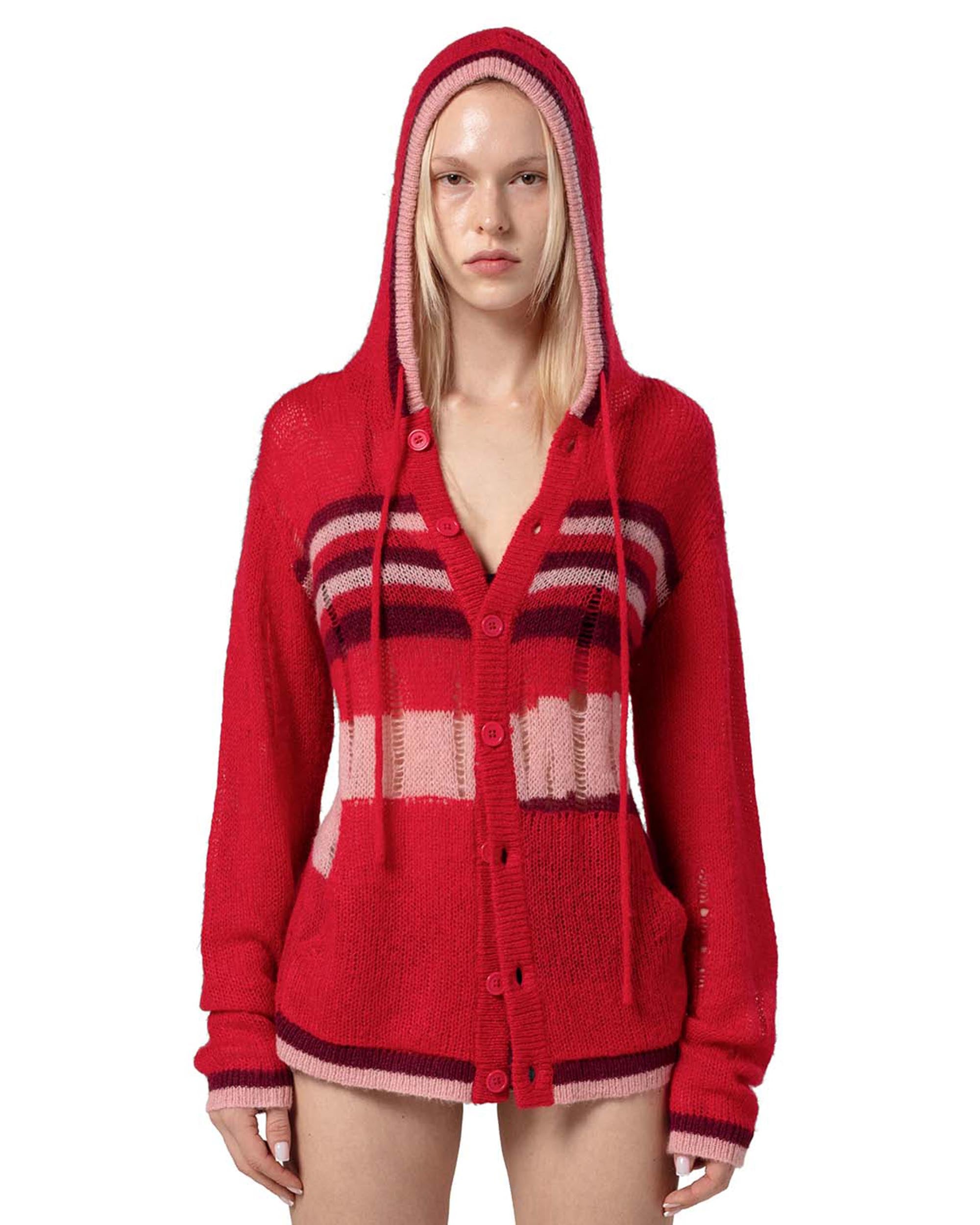 Red hooded cardigan