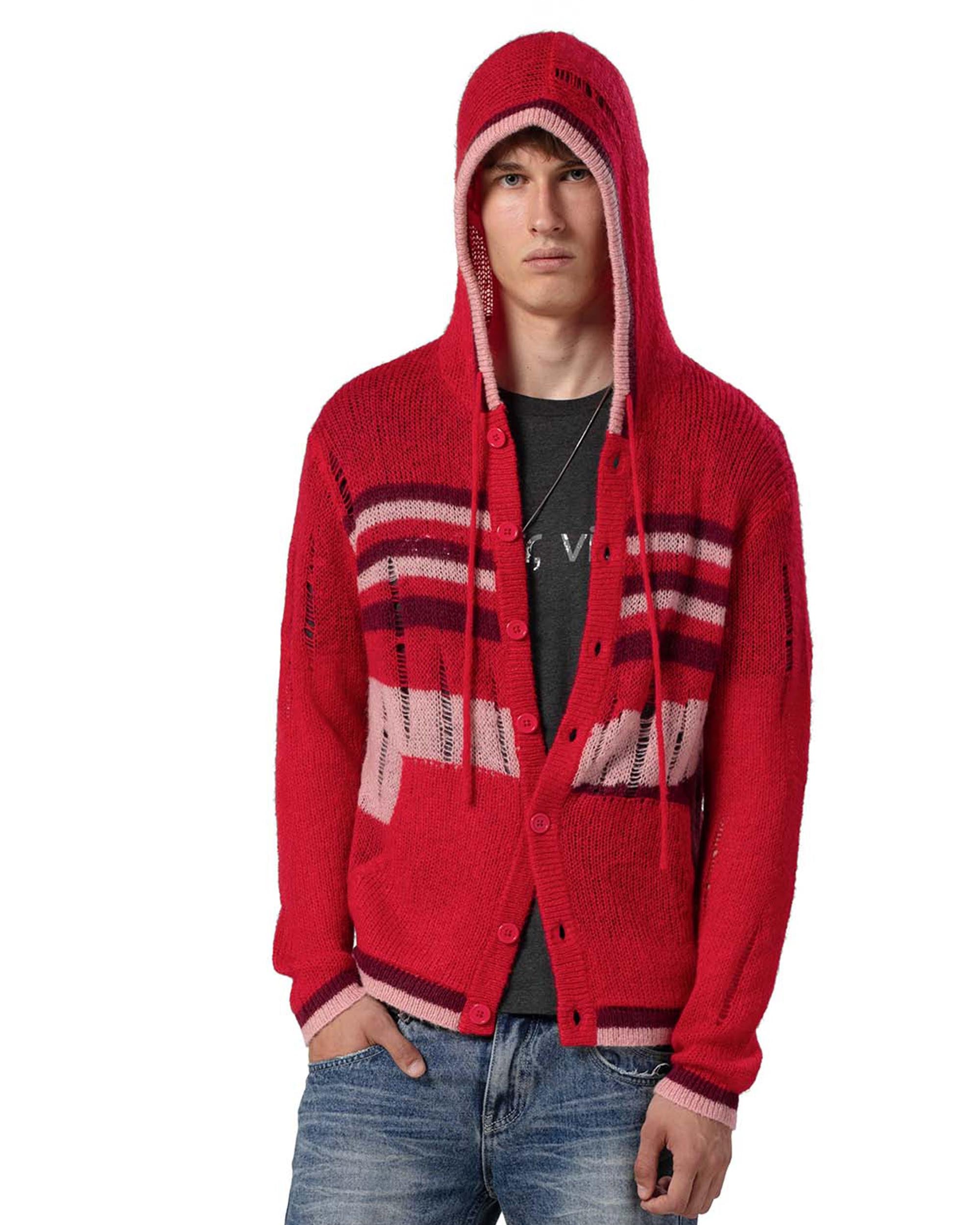 Red hooded cardigan