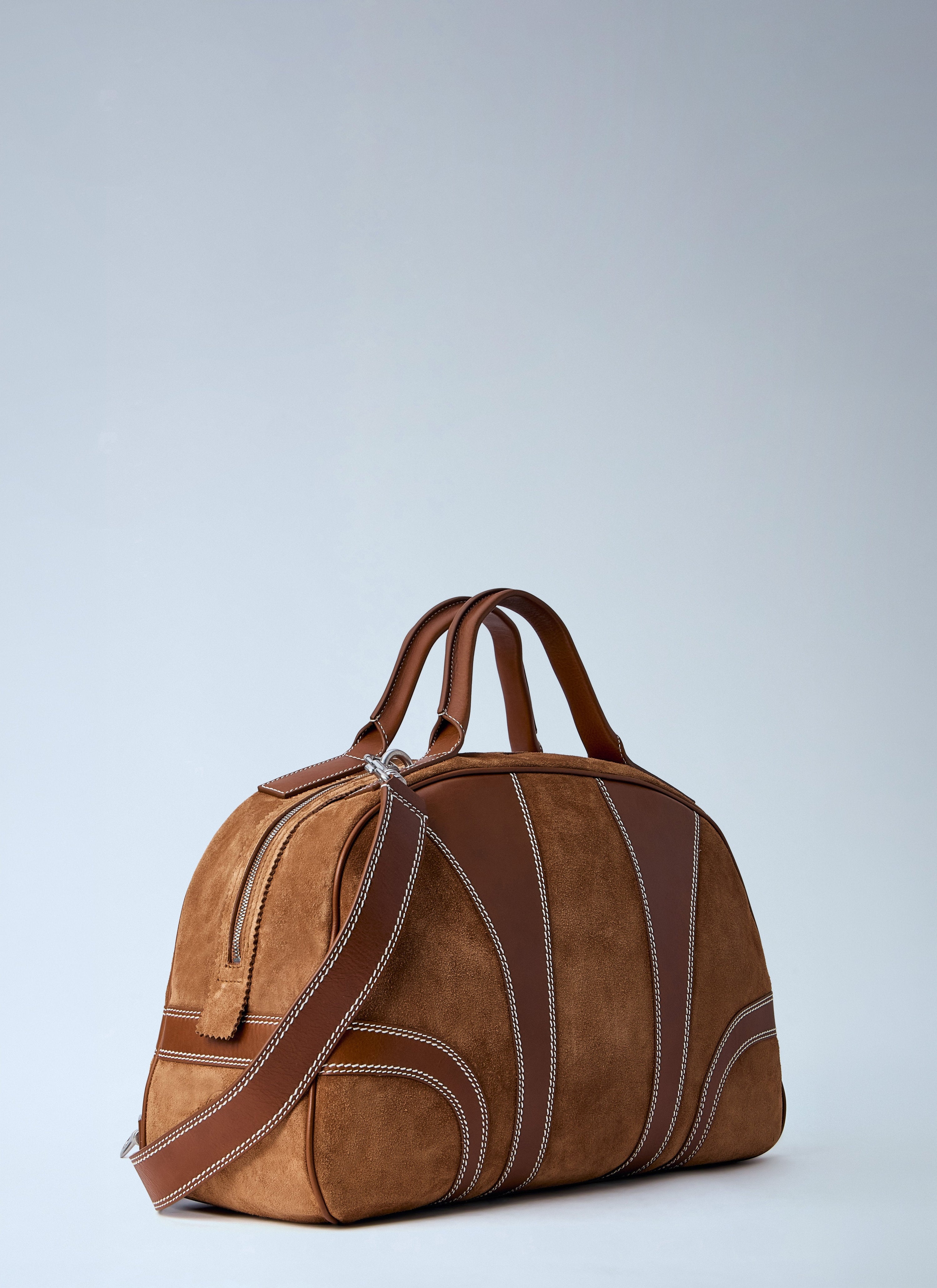 Leather-trimmed suede duffel bag