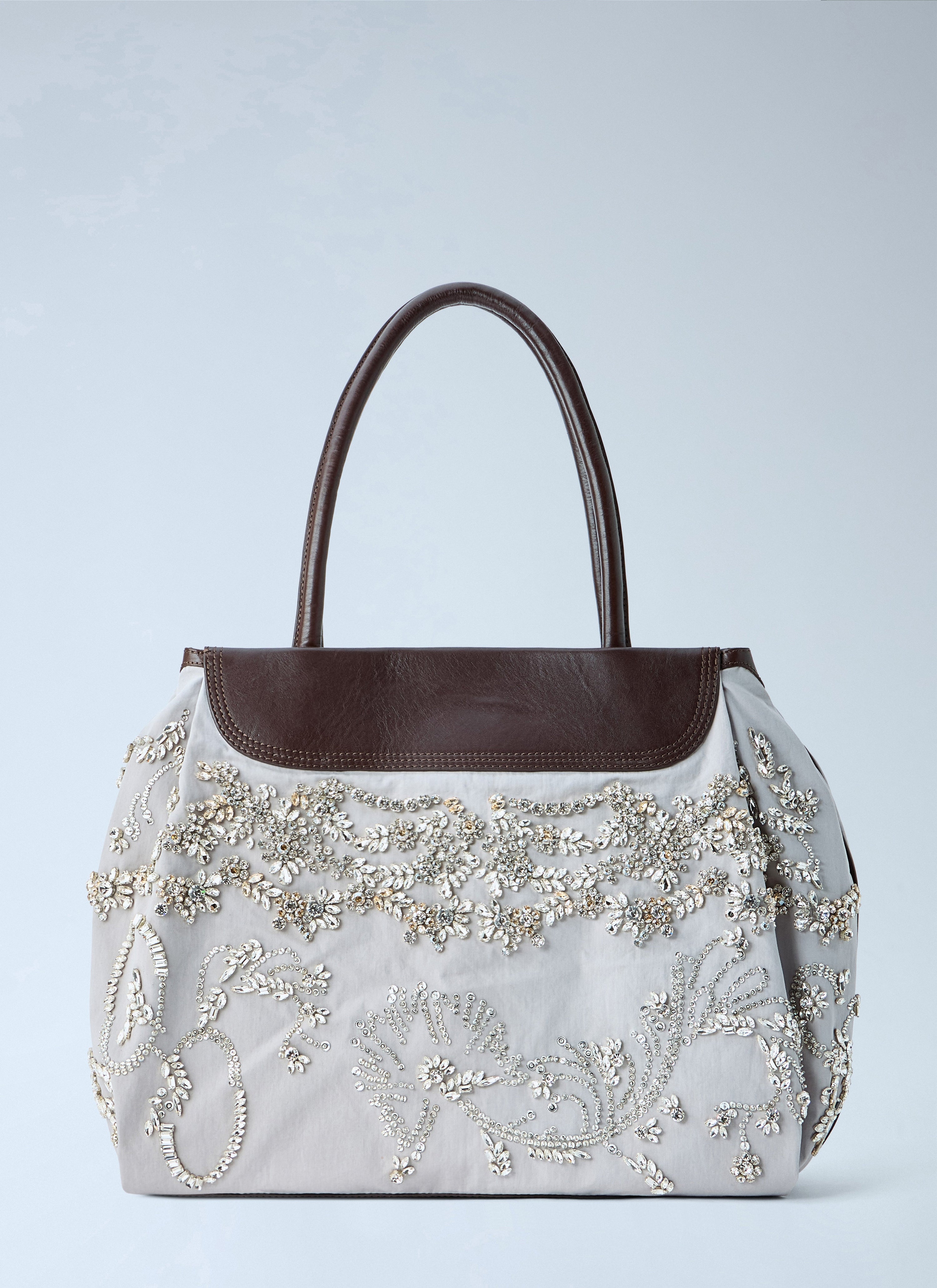 Embellished leather-trim handbag