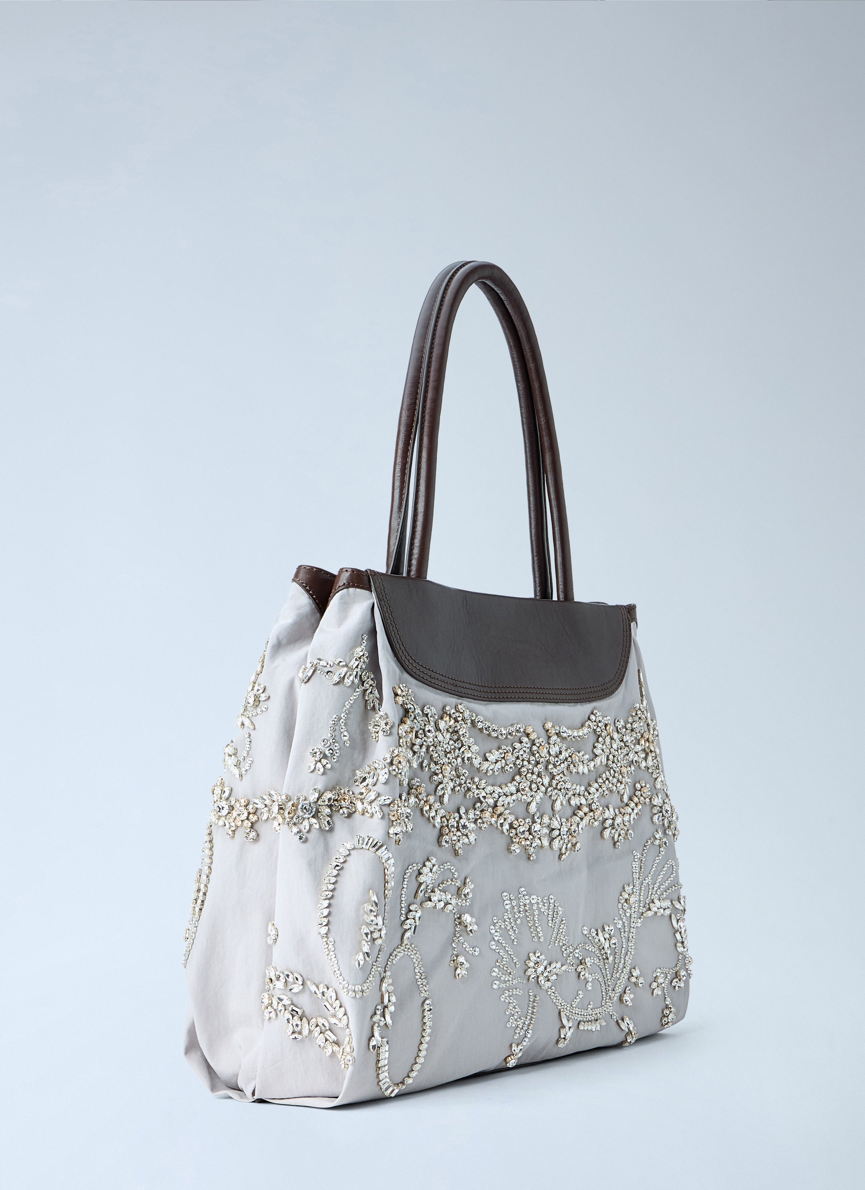 Embellished leather-trim handbag
