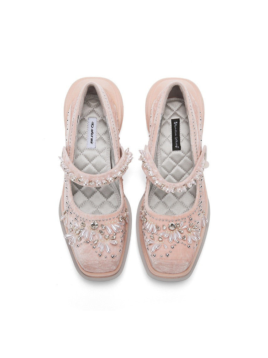 Velvet pearl shoes - pink