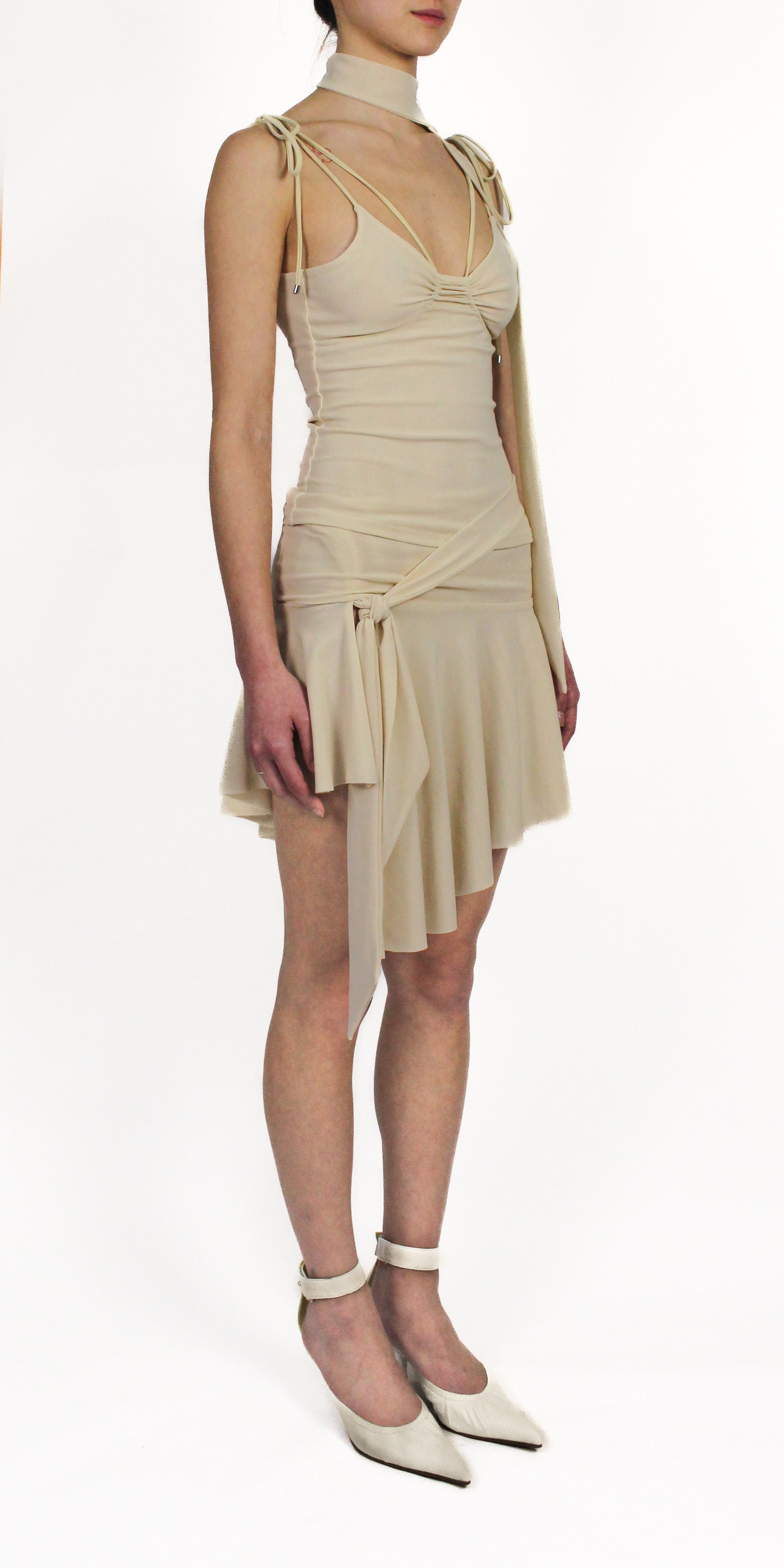 Illusion mesh draped mini skirt