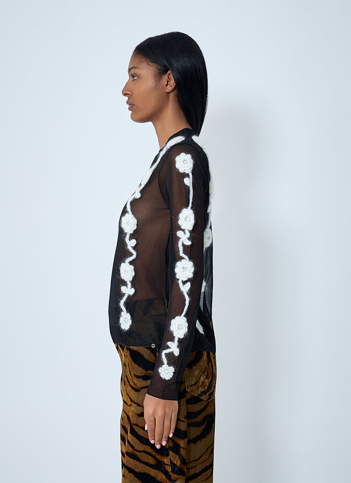 Sheer floral crochet sweater