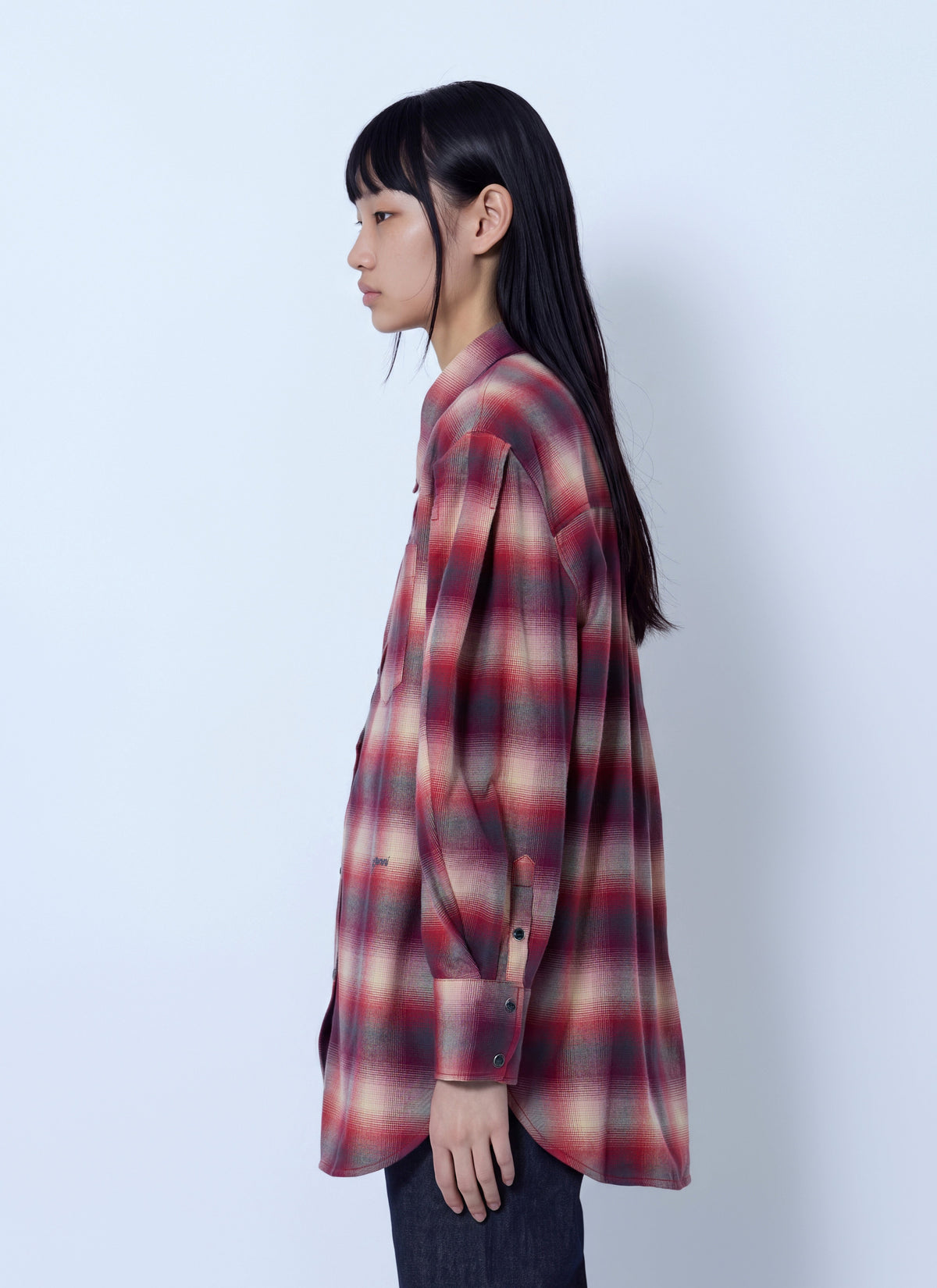 Cotton flannel check pleated sleeve shirt