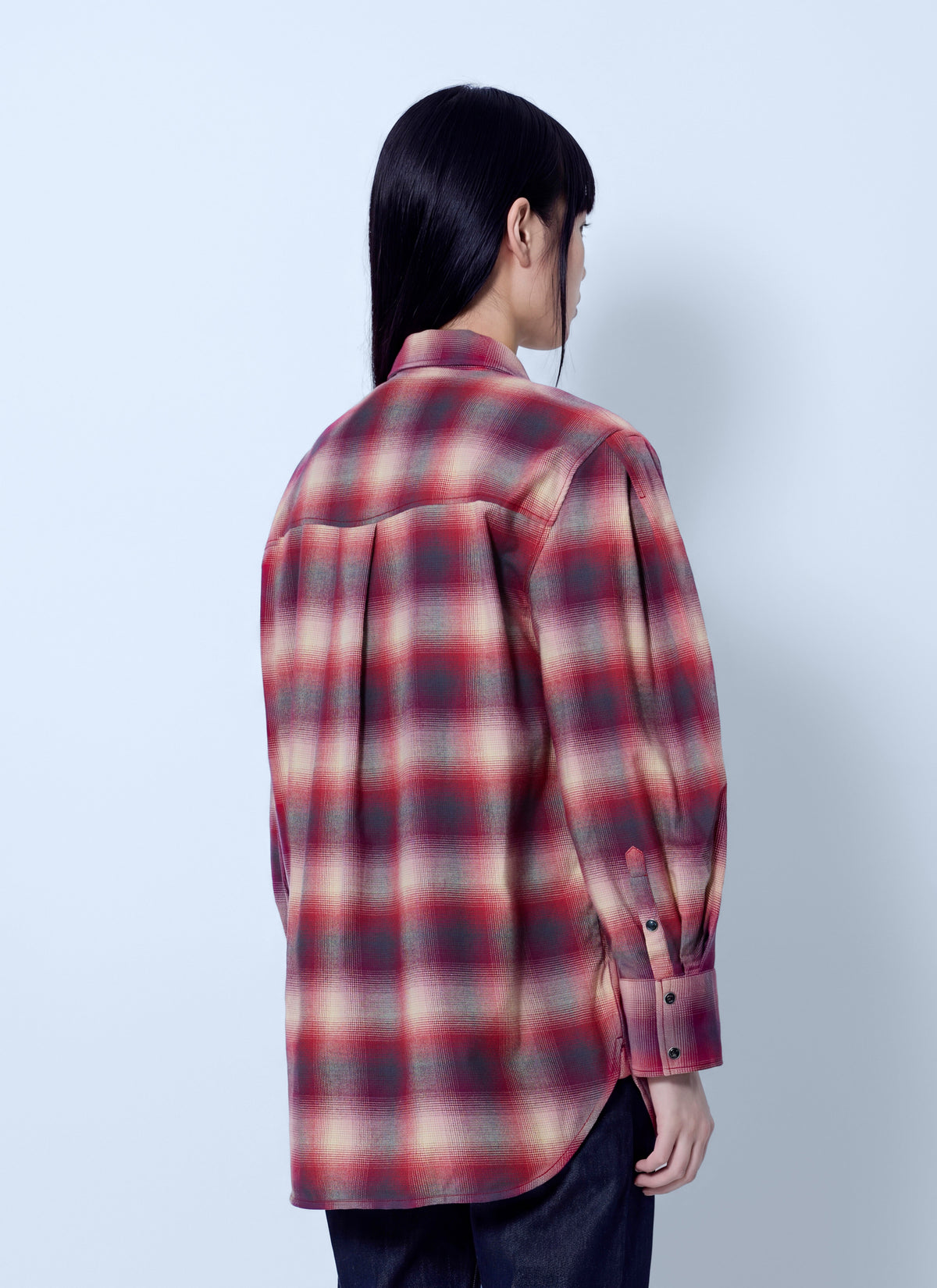 Cotton flannel check pleated sleeve shirt