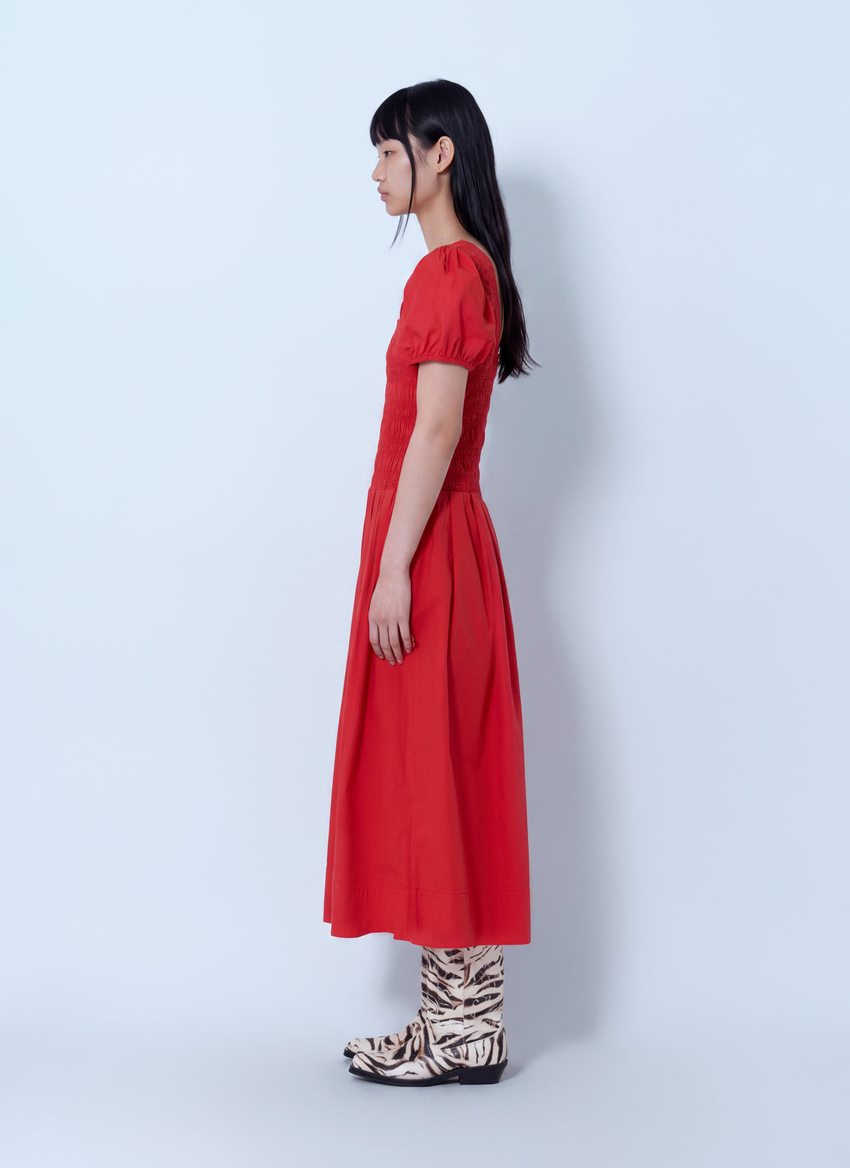 Stretch cotton long smocked pleated dress