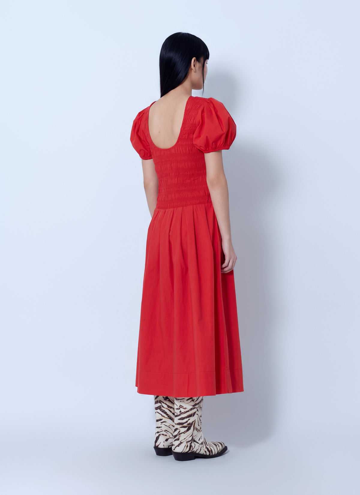 Stretch cotton long smocked pleated dress