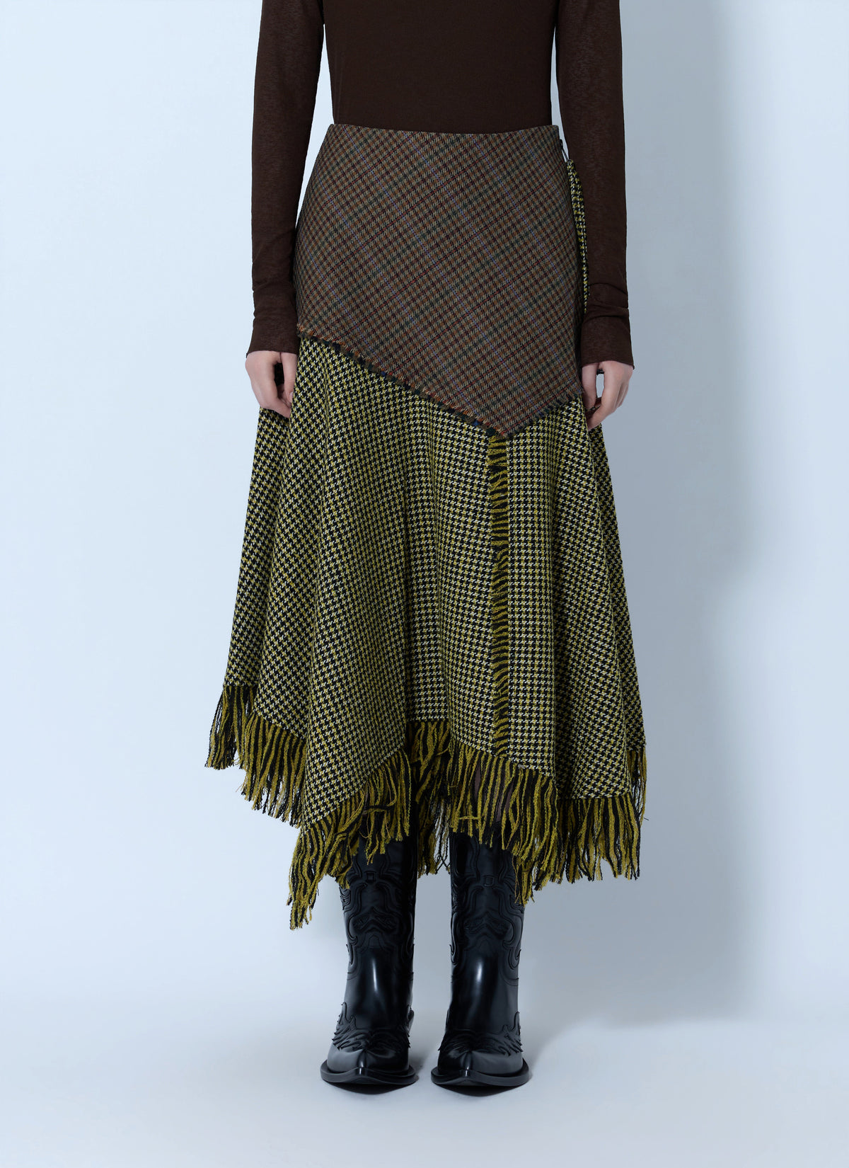Woollen check patchwork long skirt