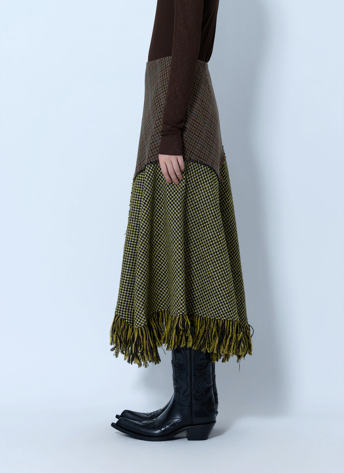 Woollen check patchwork long skirt