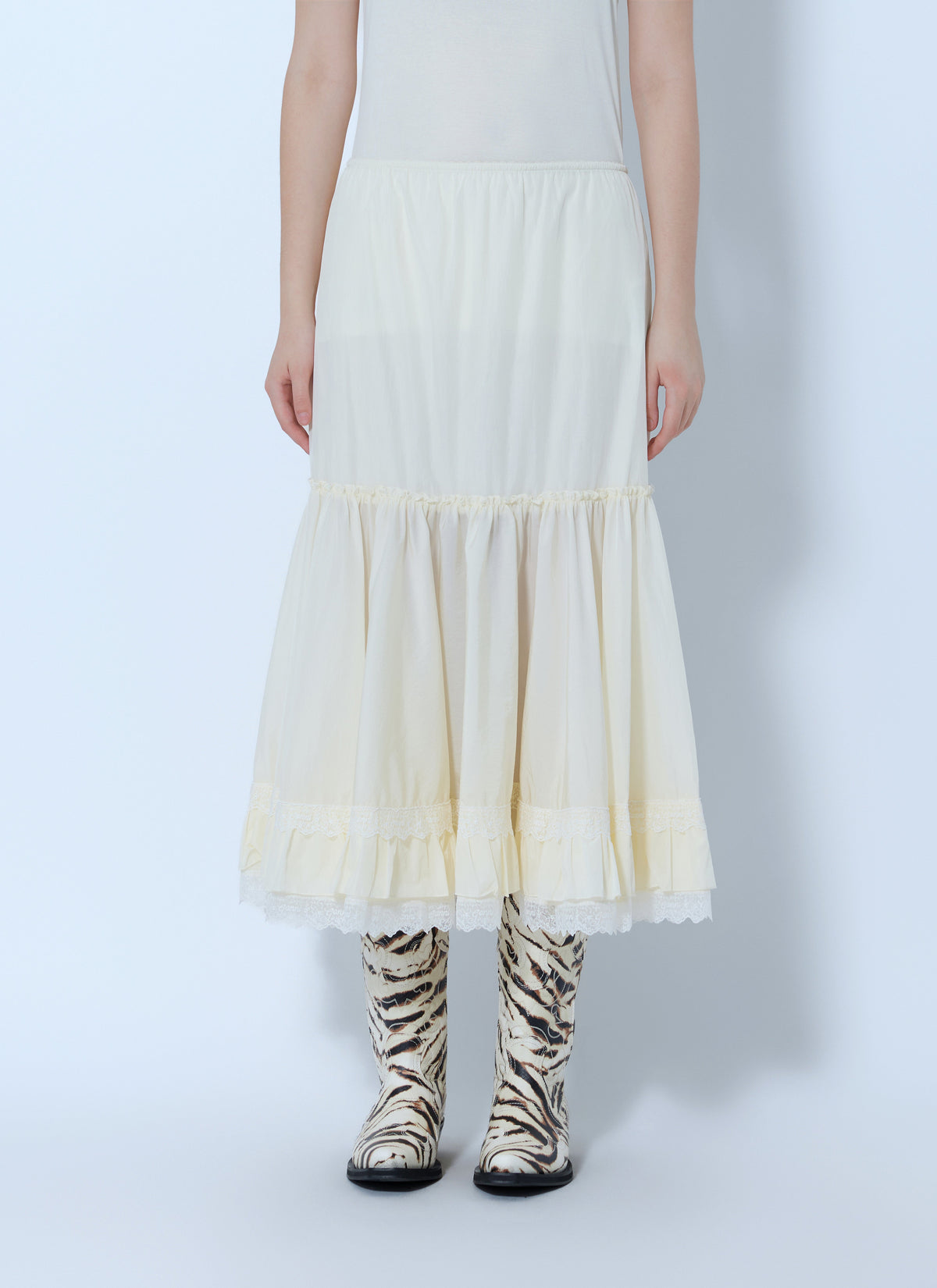 Lace ruffle midi skirt