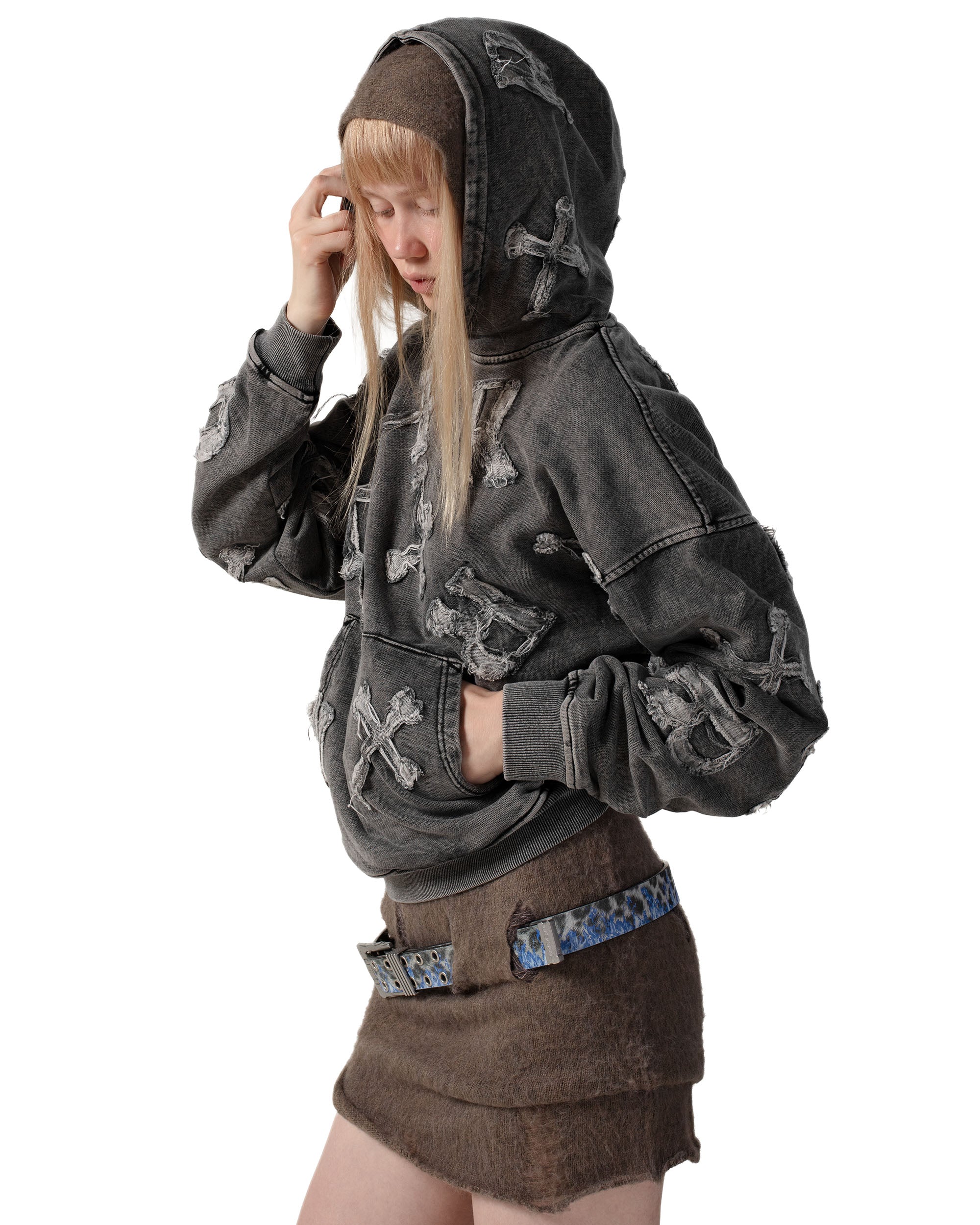 Washed black patch hoodie