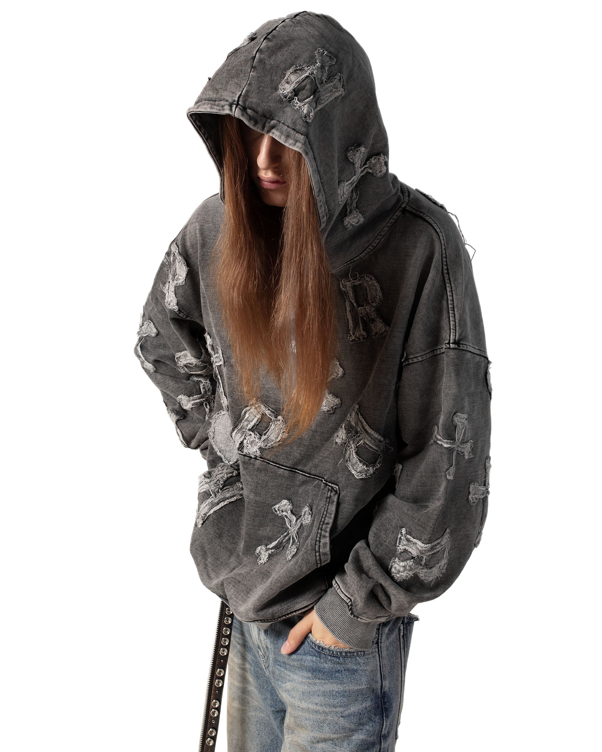 Washed black patch hoodie