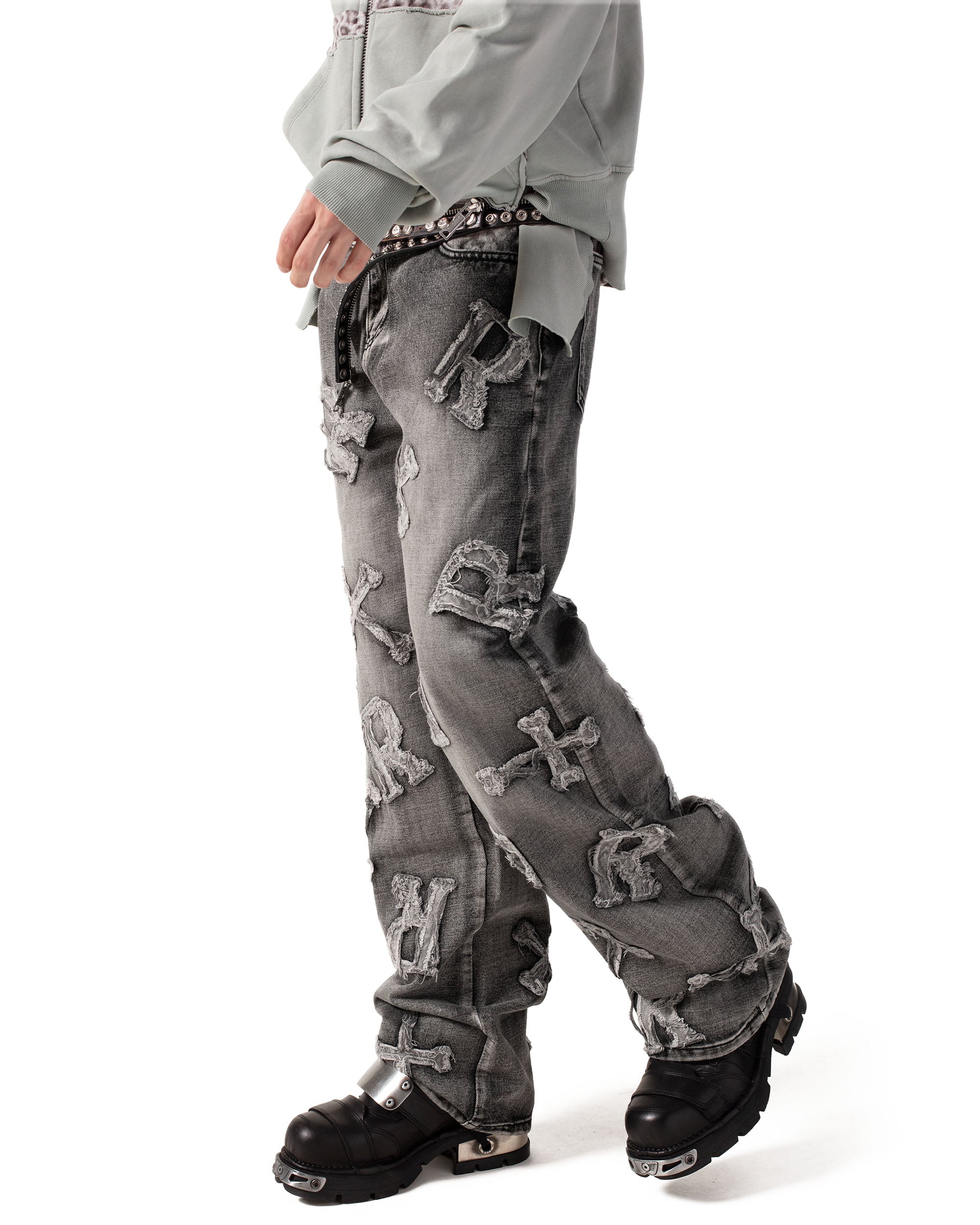 Washed black patch denim