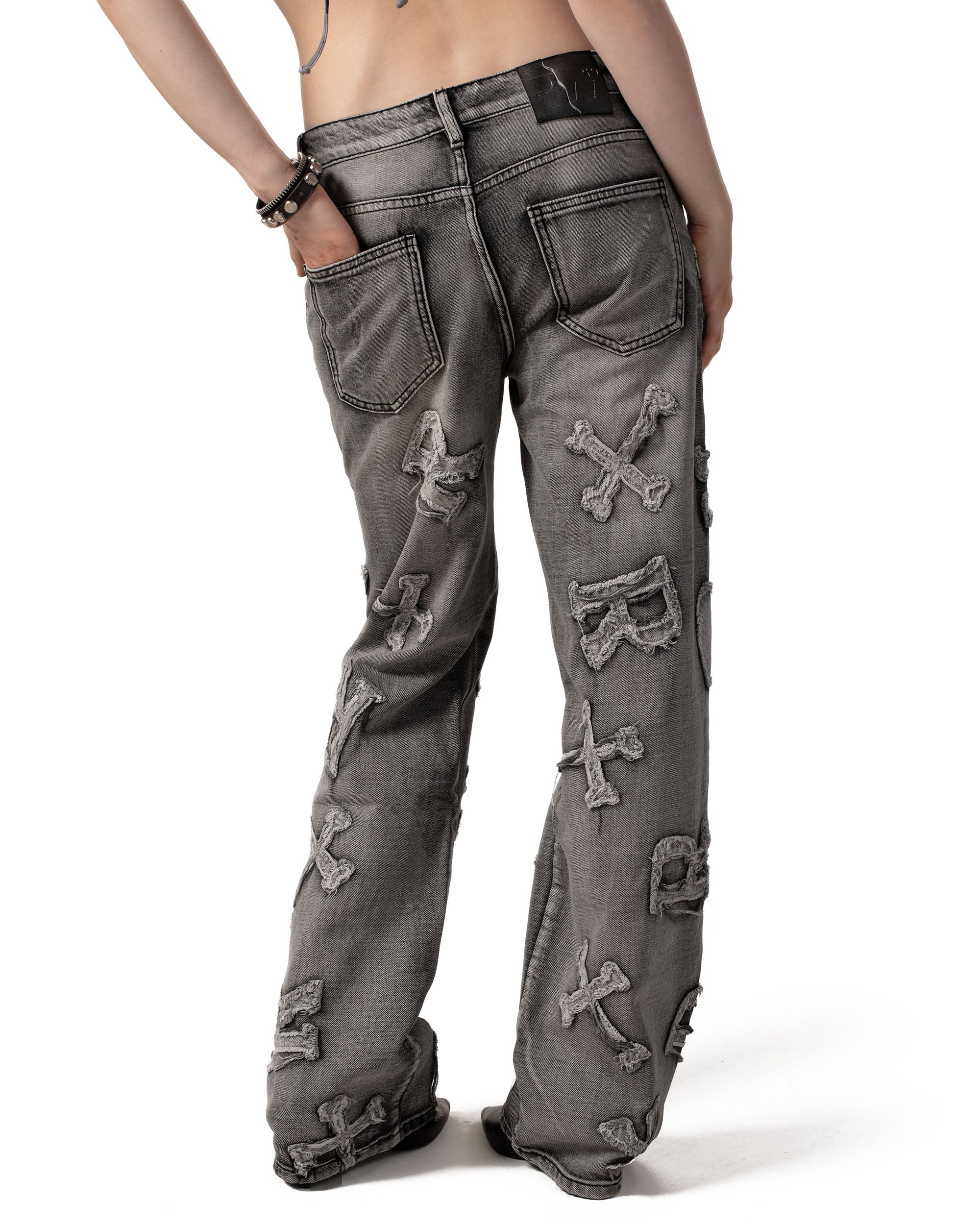 Washed black patch denim