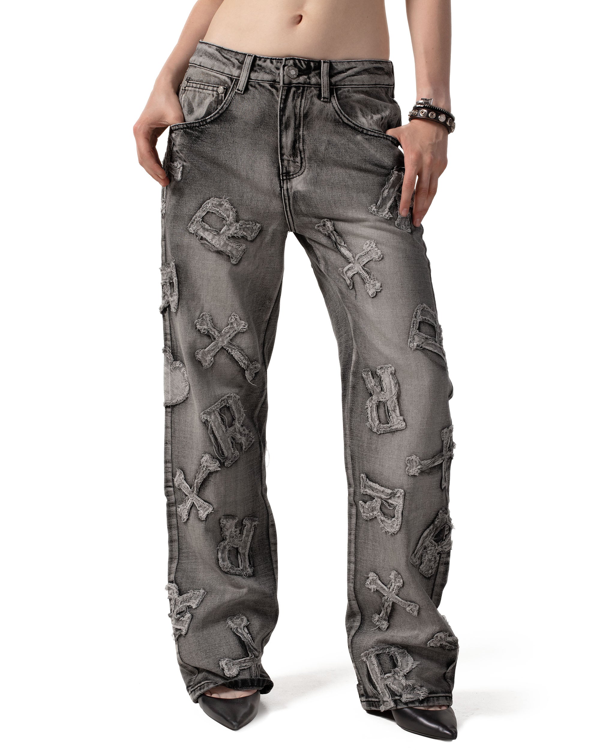 Washed black patch denim