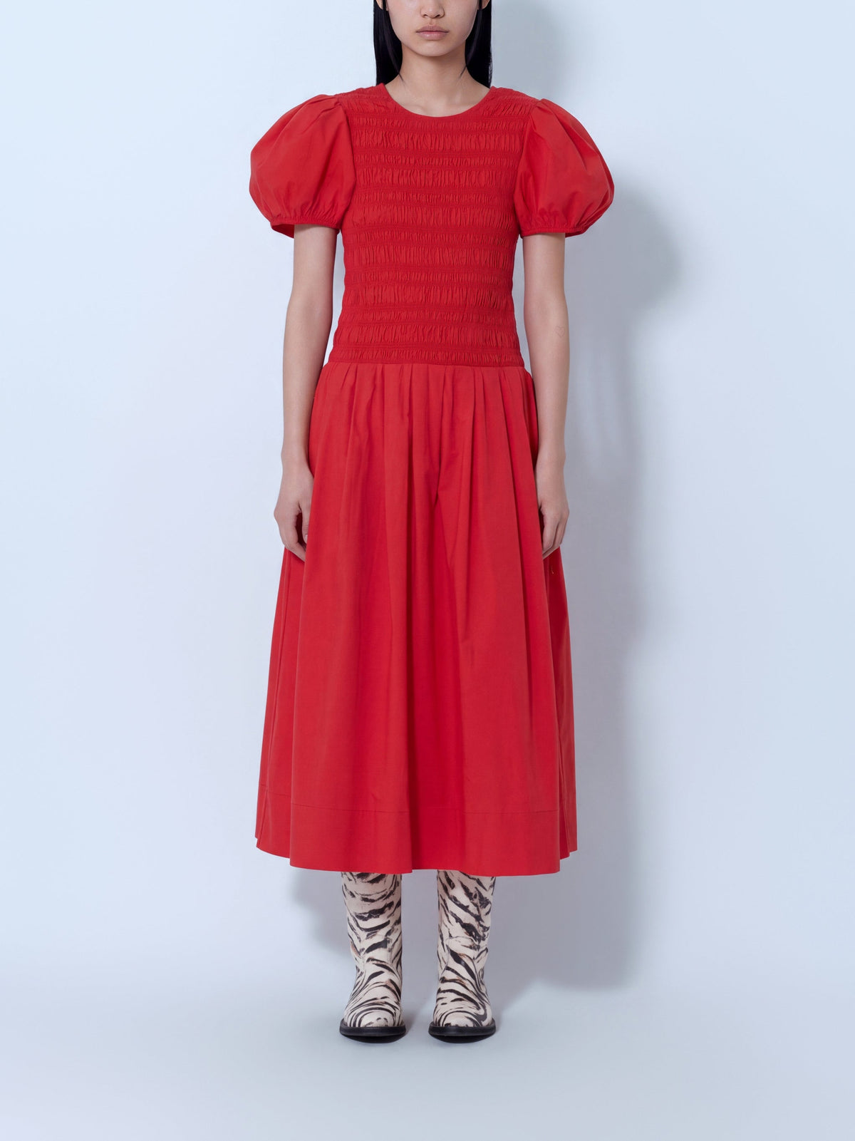 Stretch cotton long smocked pleated dress
