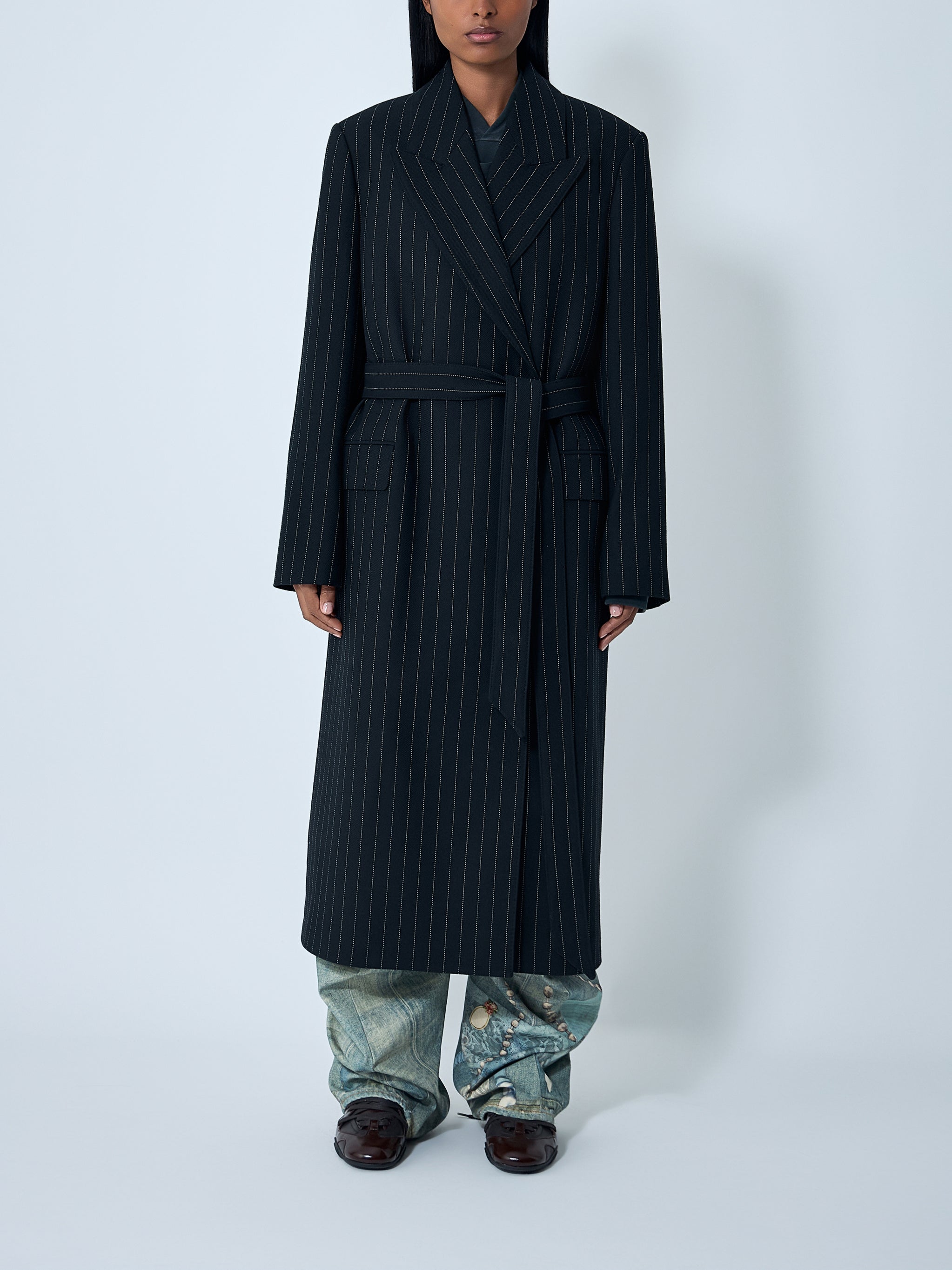 Belted pinstripe coat