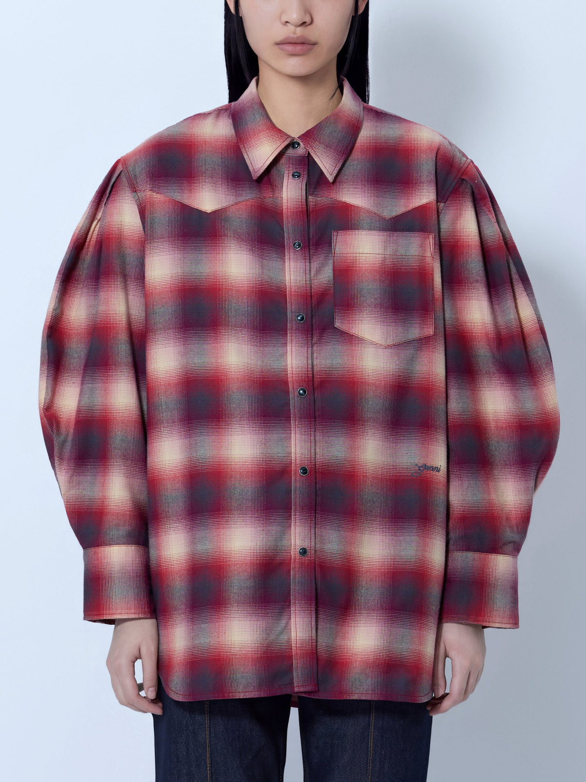 Cotton flannel check pleated sleeve shirt