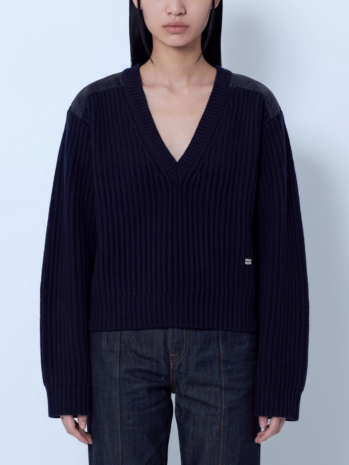 Wool melange rib stripe v neck