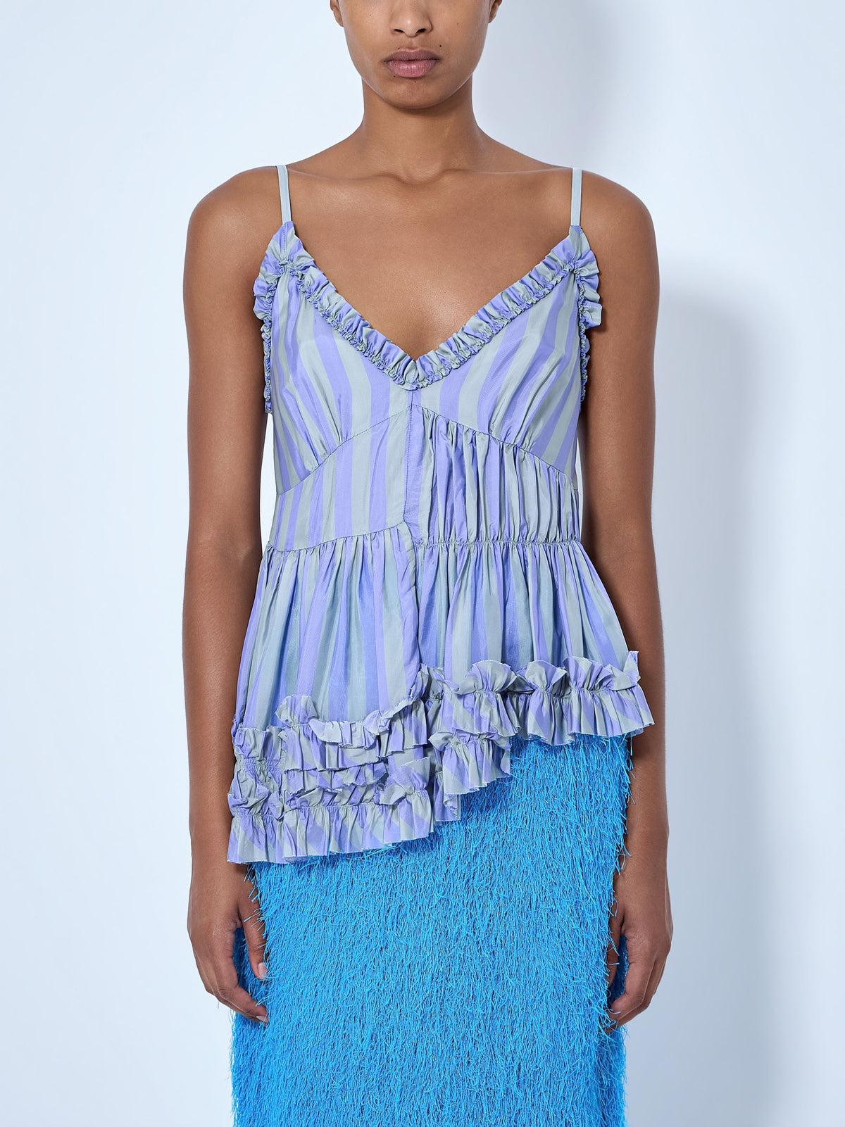 Cemil striped ruffled satin camisole