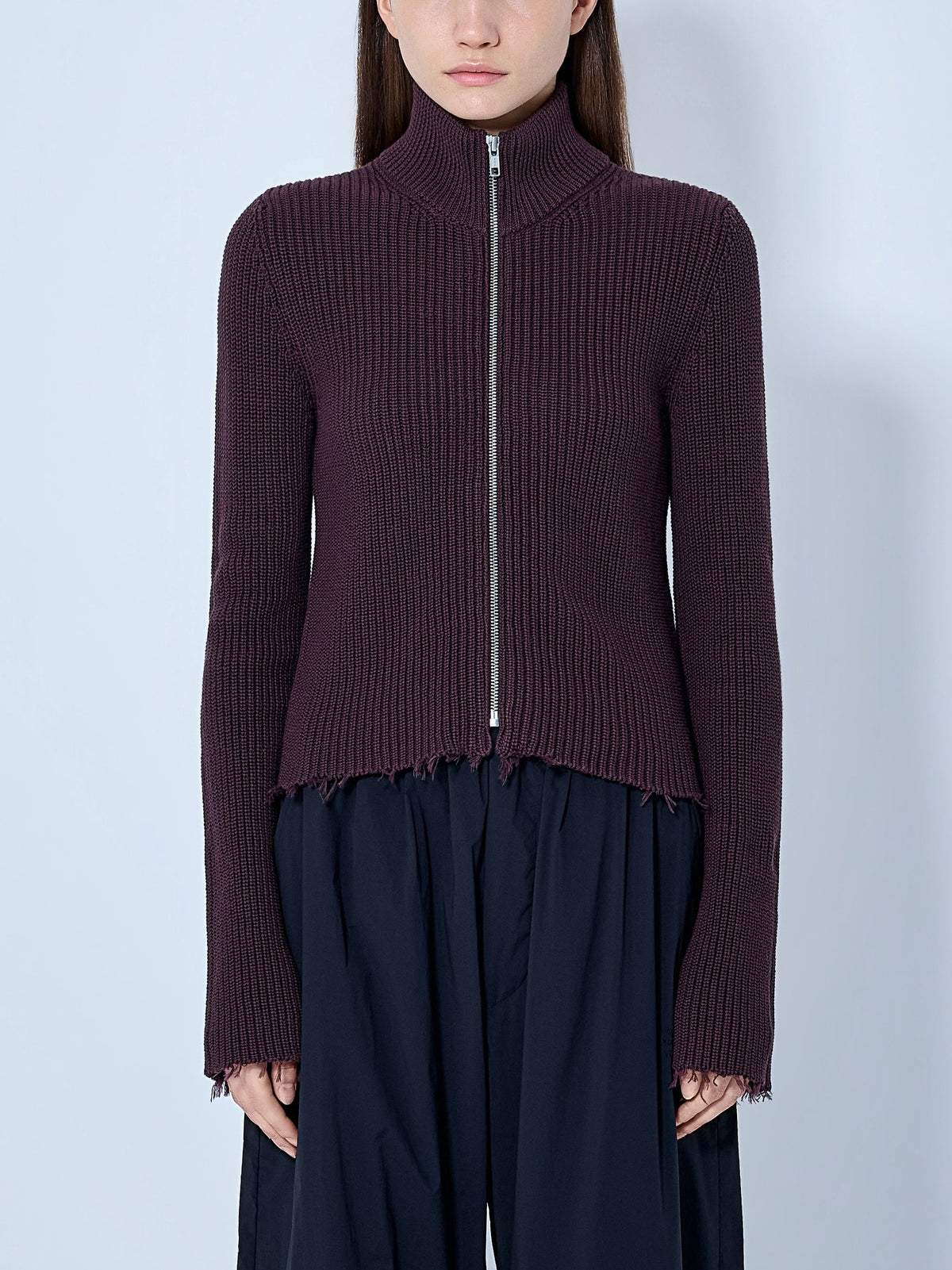 Ribbed zip-up knit cardigan