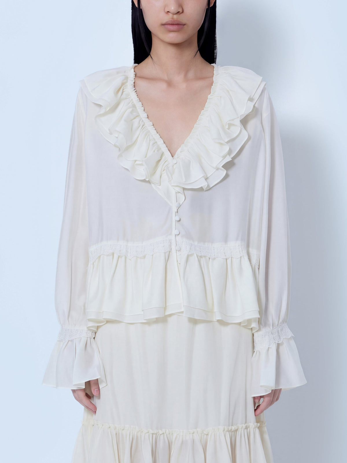 Viscose silk habotai frill blouse