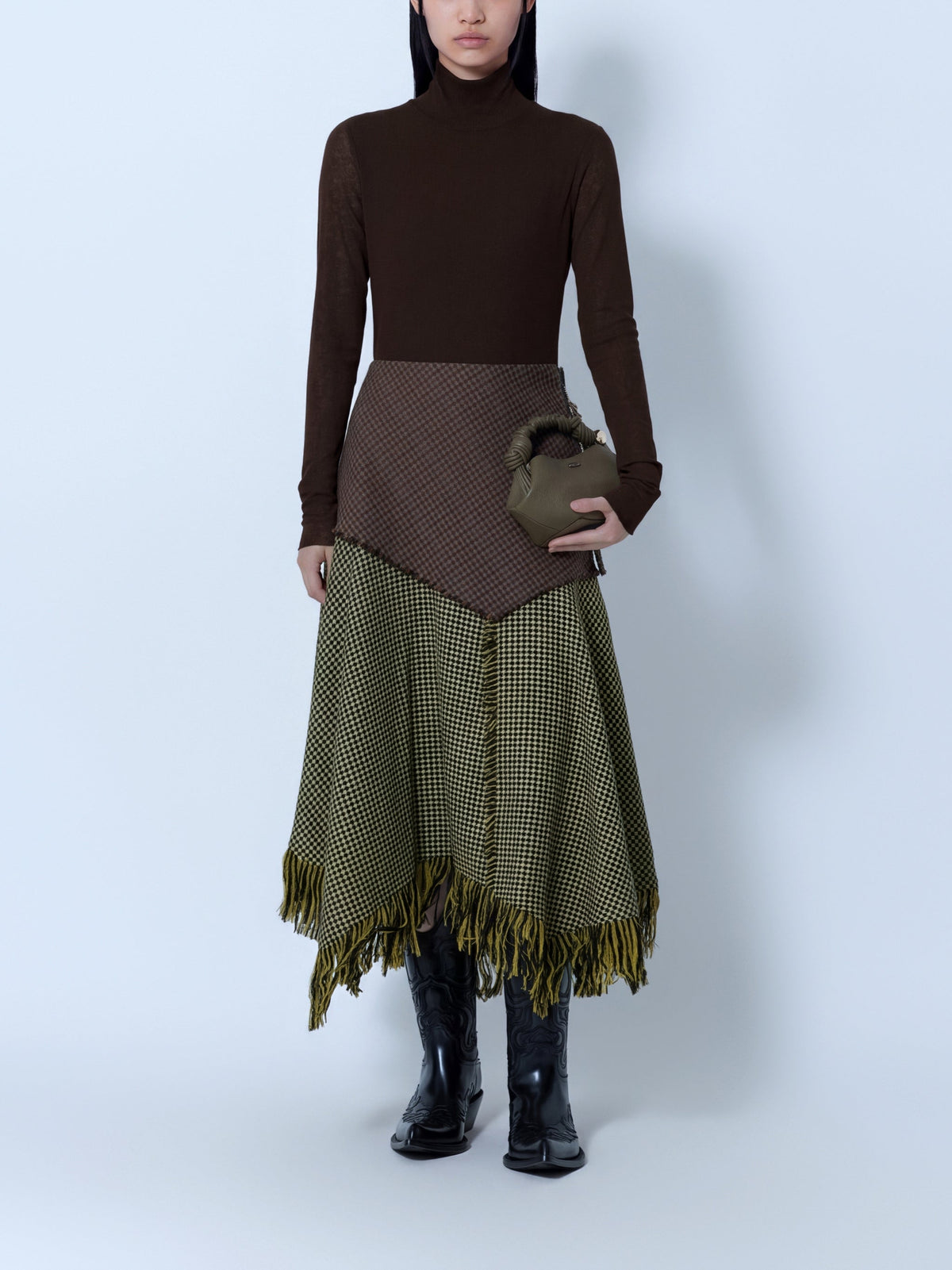 Woollen check patchwork long skirt