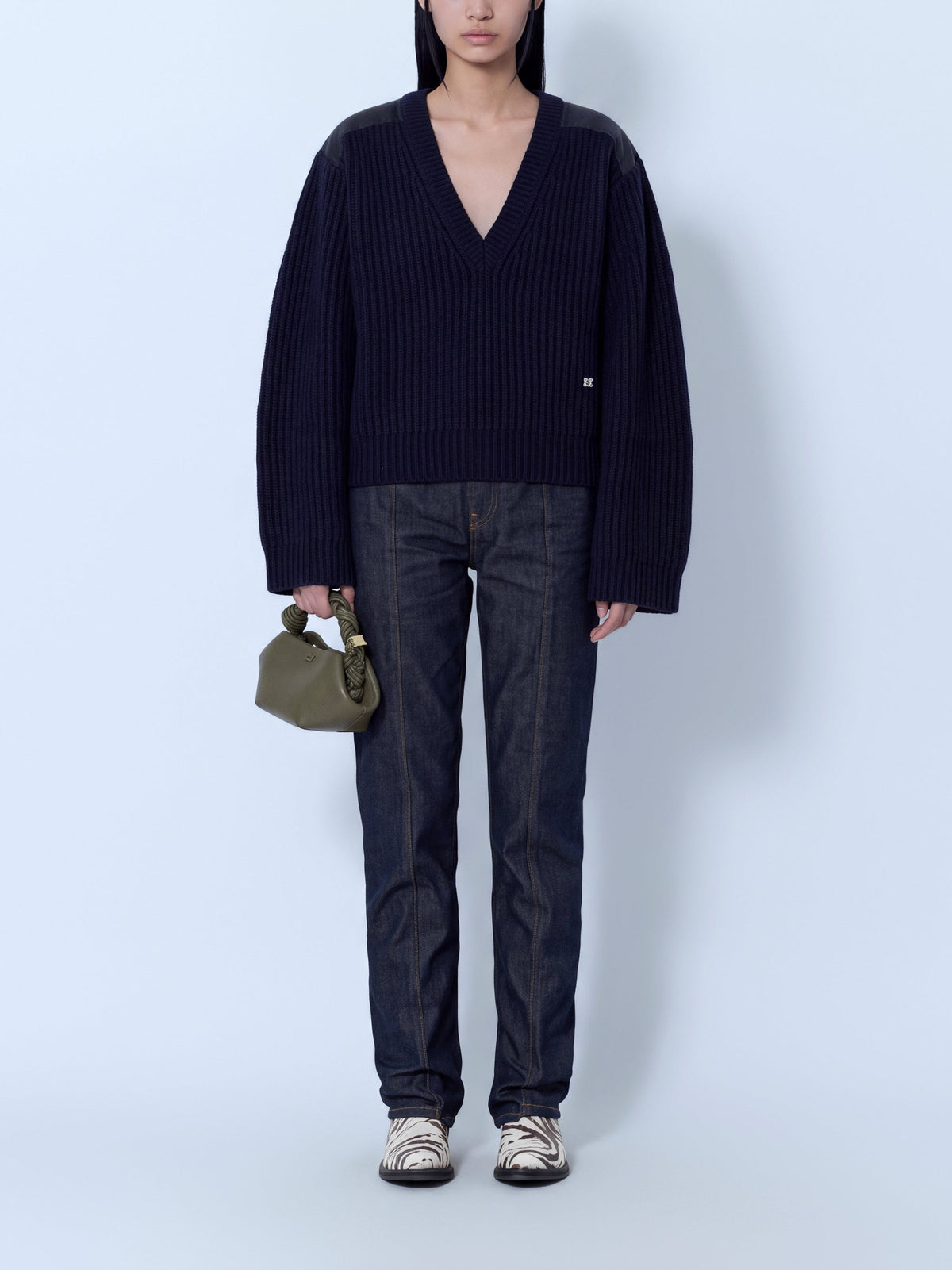 Wool melange rib stripe v neck