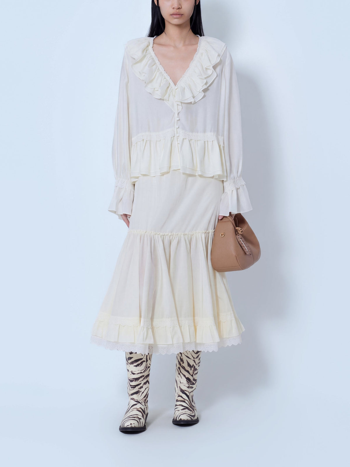 Viscose silk habotai frill blouse