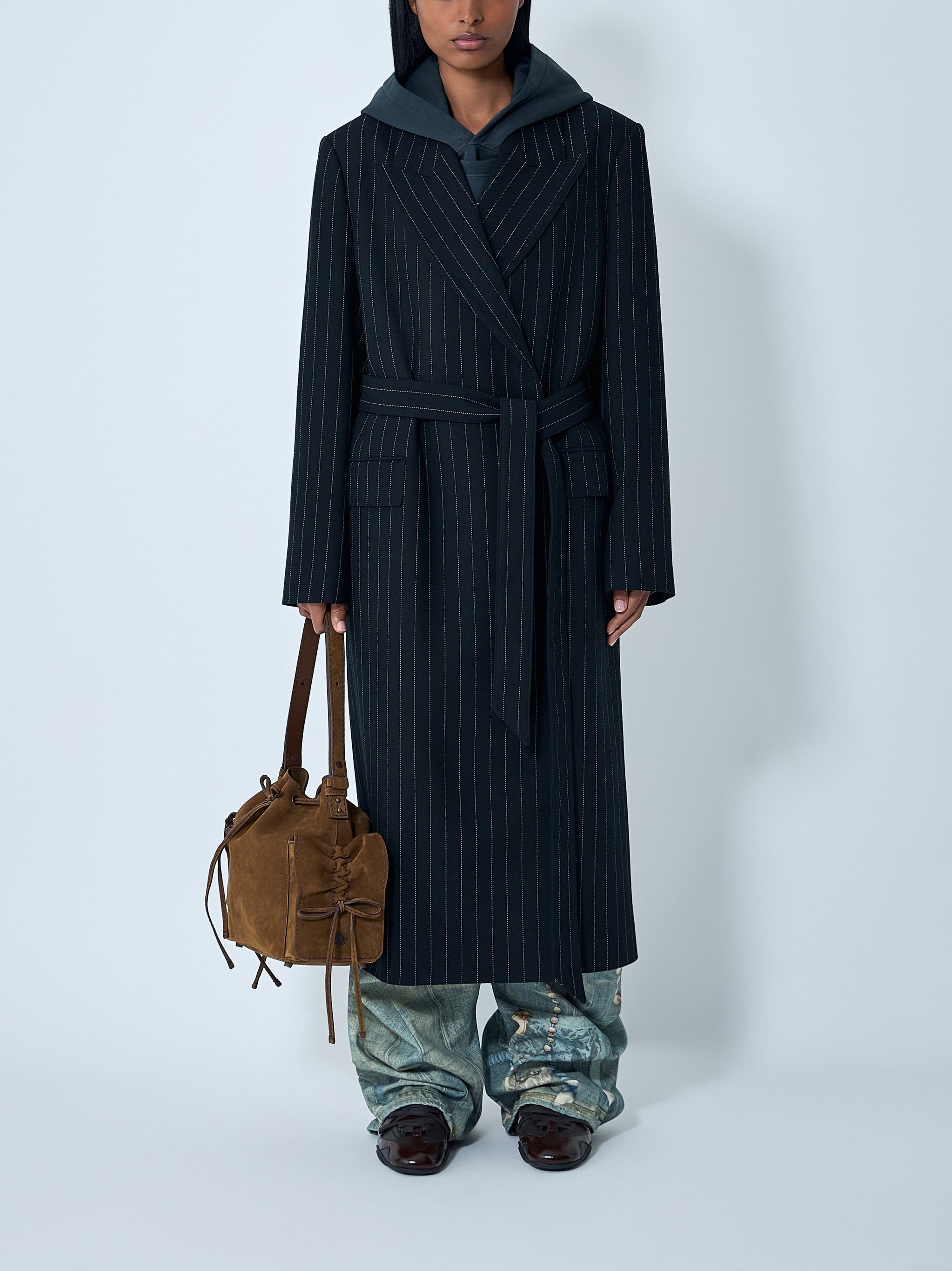 Belted pinstripe coat
