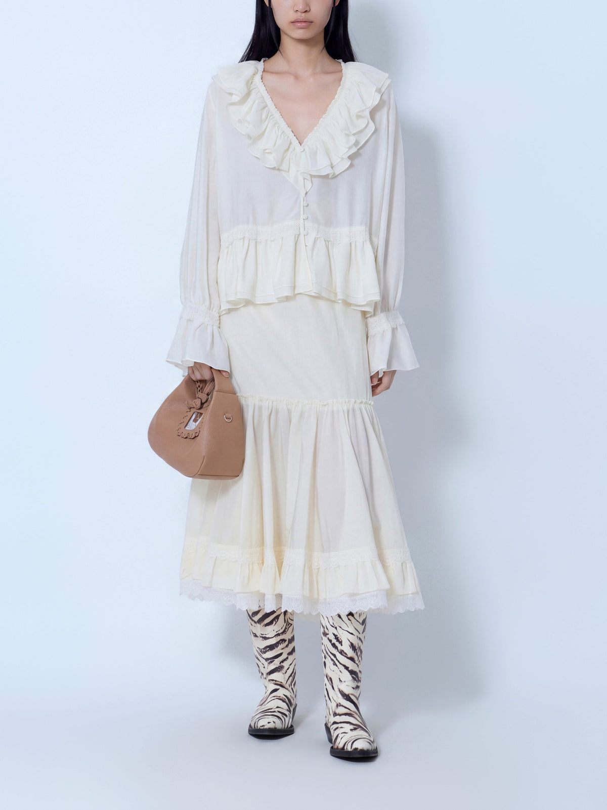 Lace ruffle midi skirt