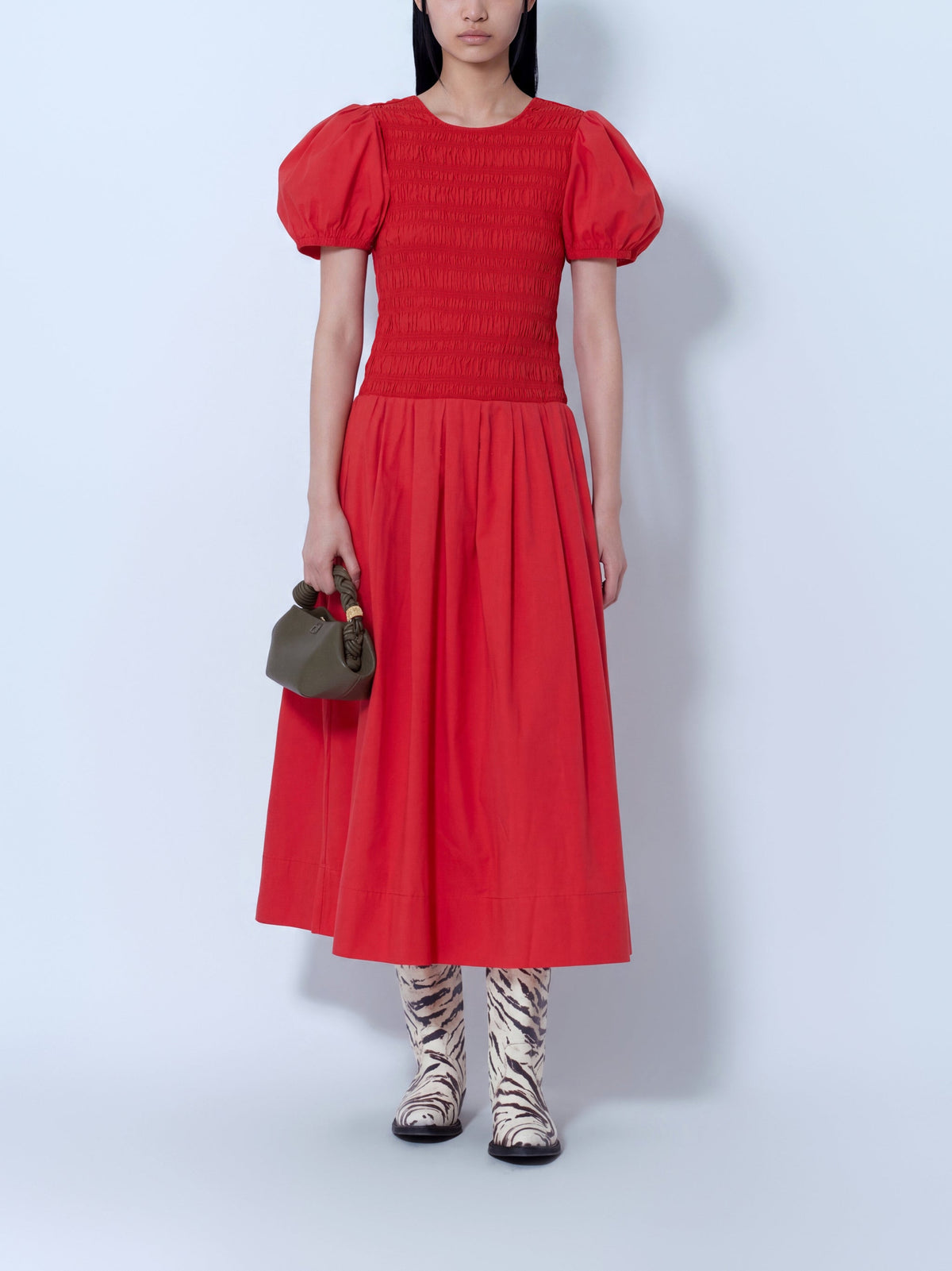 Stretch cotton long smocked pleated dress